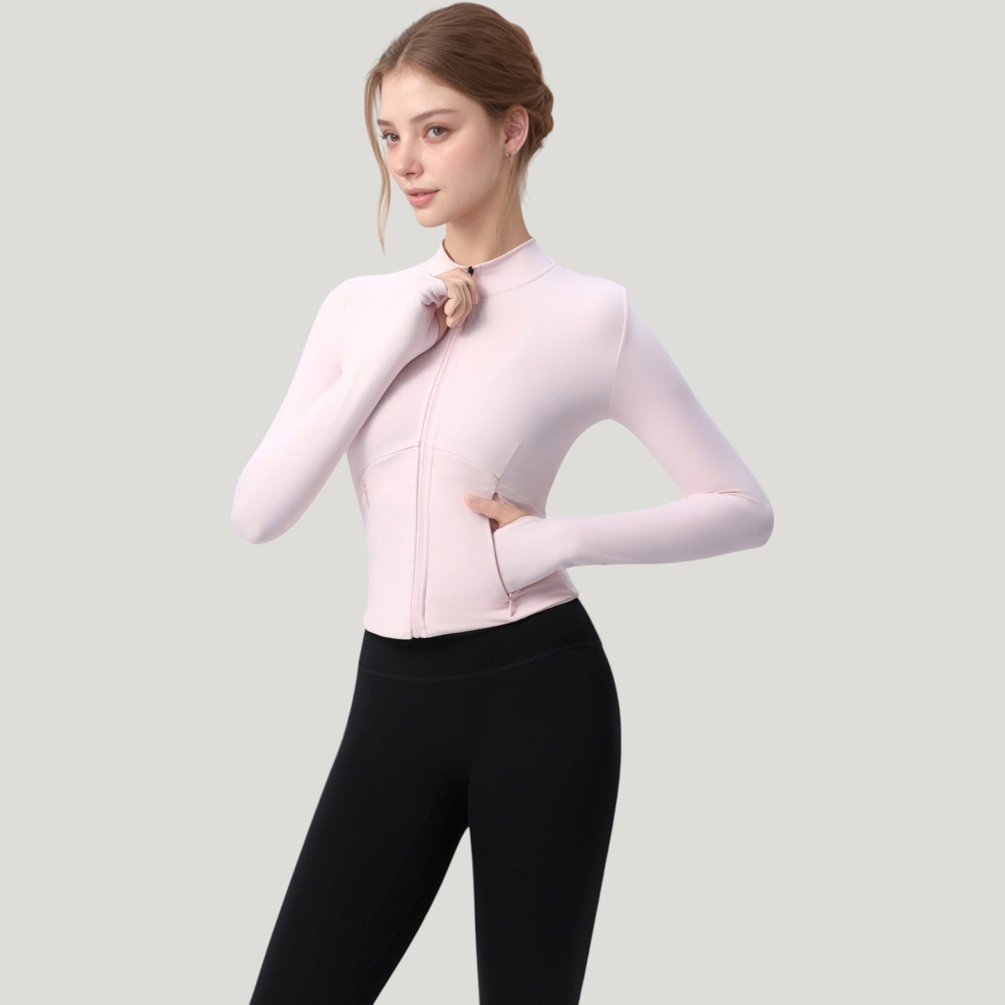 Long Sleeve Full Zip Athletic Jacket with Thumbholes and Fitted Silhouette