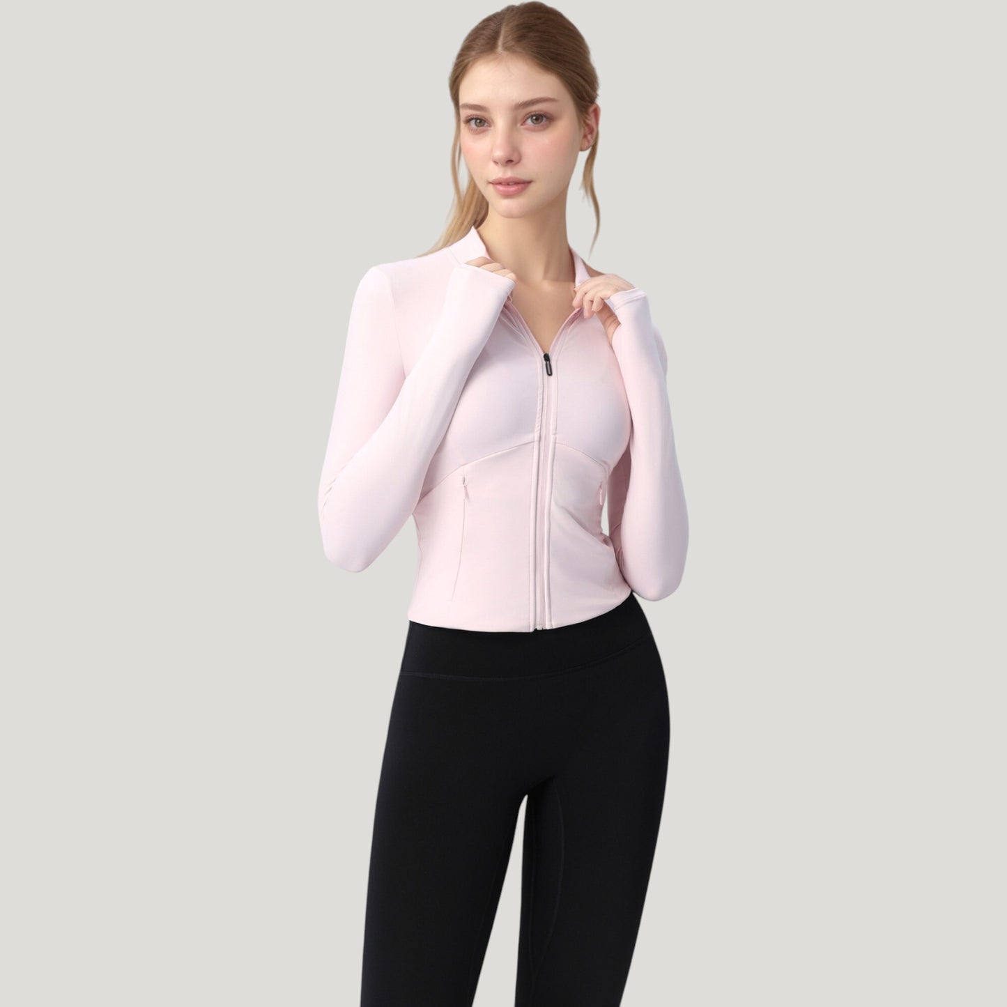 Long Sleeve Full Zip Athletic Jacket with Thumbholes and Fitted Silhouette