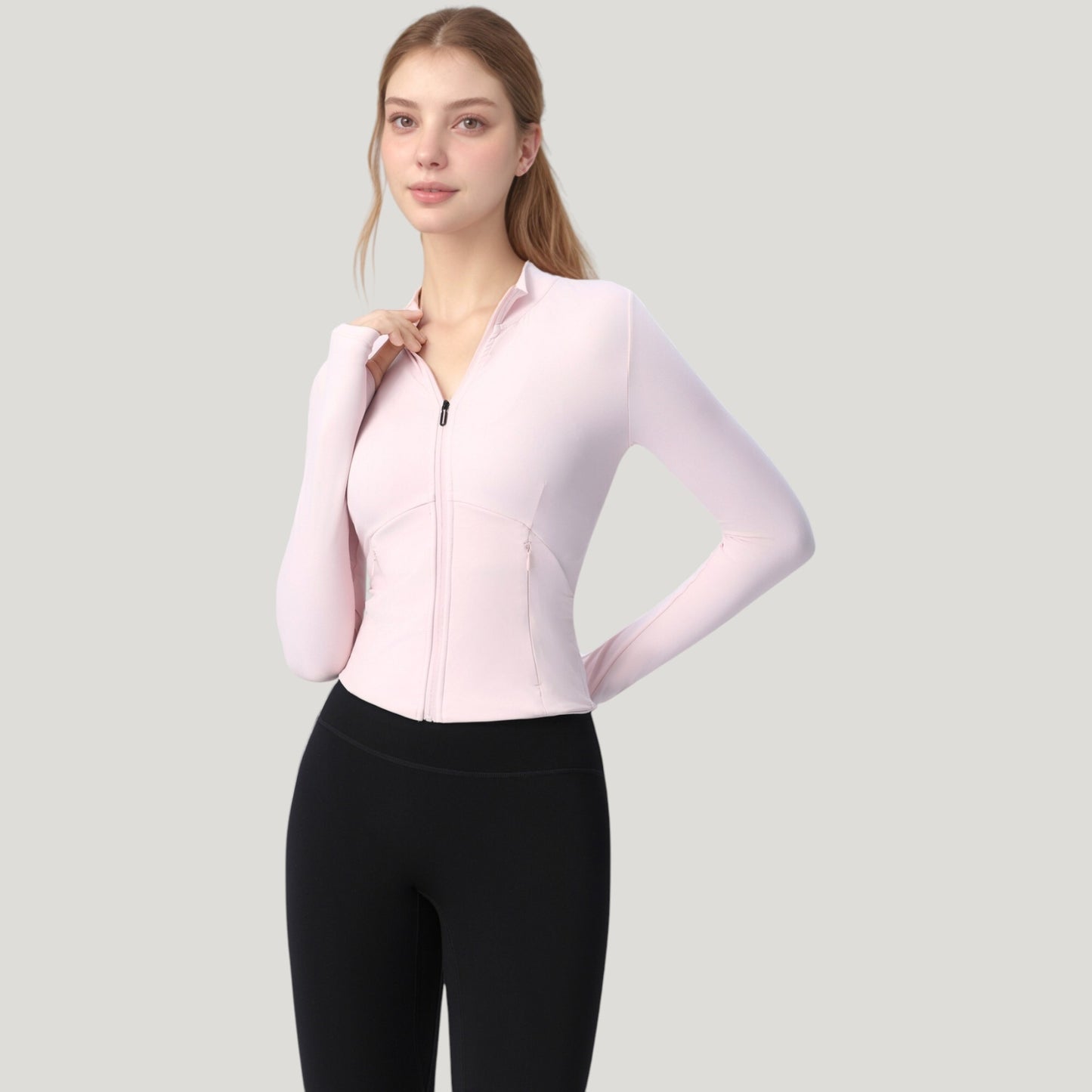 Long Sleeve Full Zip Athletic Jacket with Thumbholes and Fitted Silhouette