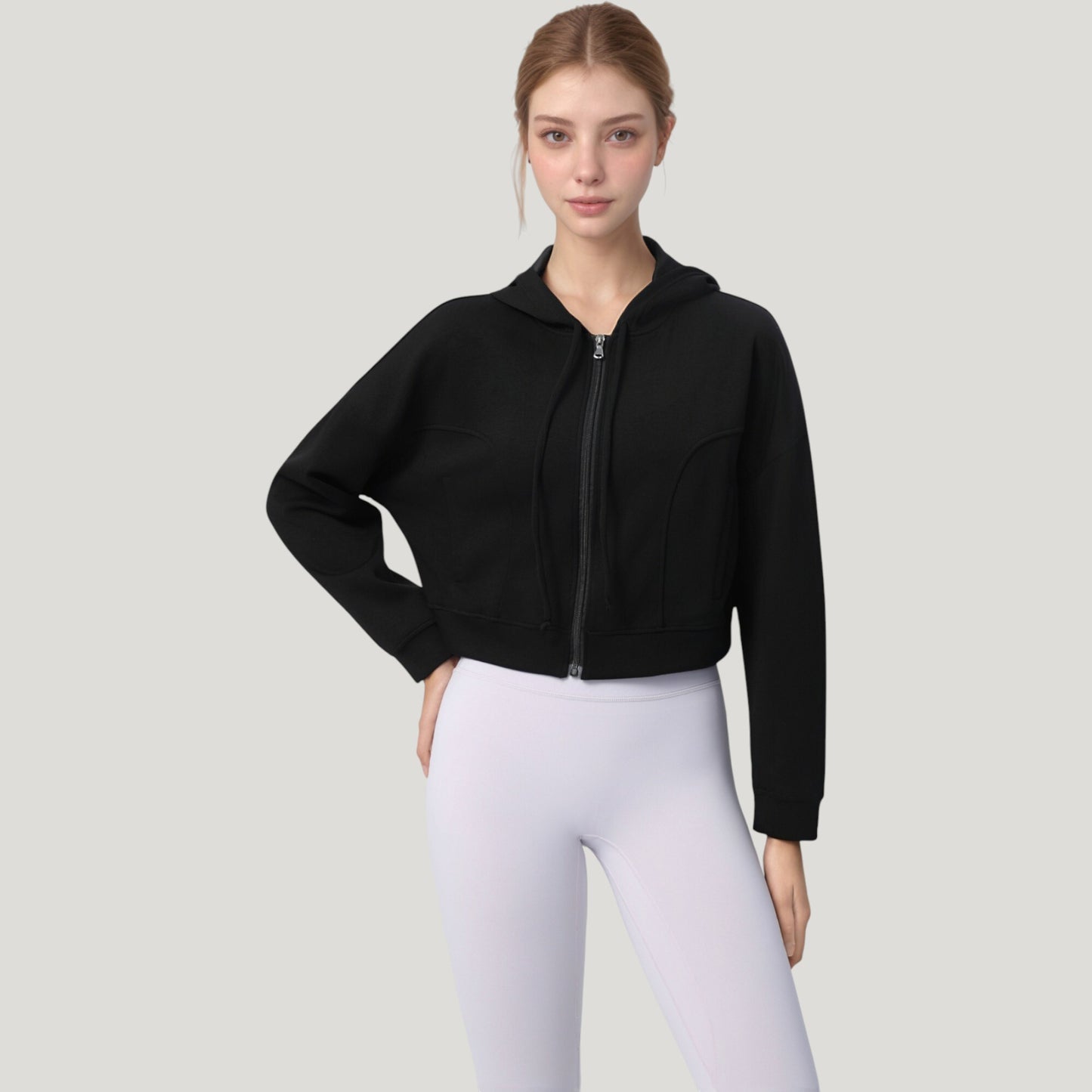 Zip Front Cropped Hoodie with Long Sleeves and Drawstring Hood