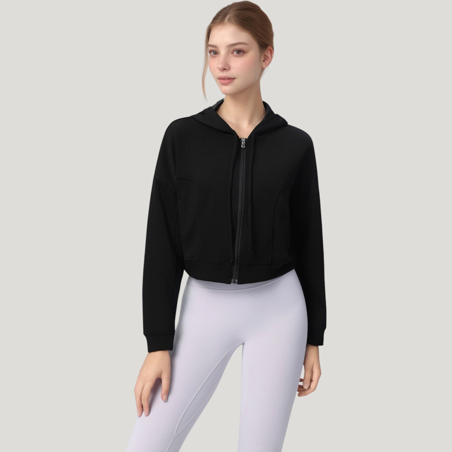 Zip Front Cropped Hoodie with Long Sleeves and Drawstring Hood