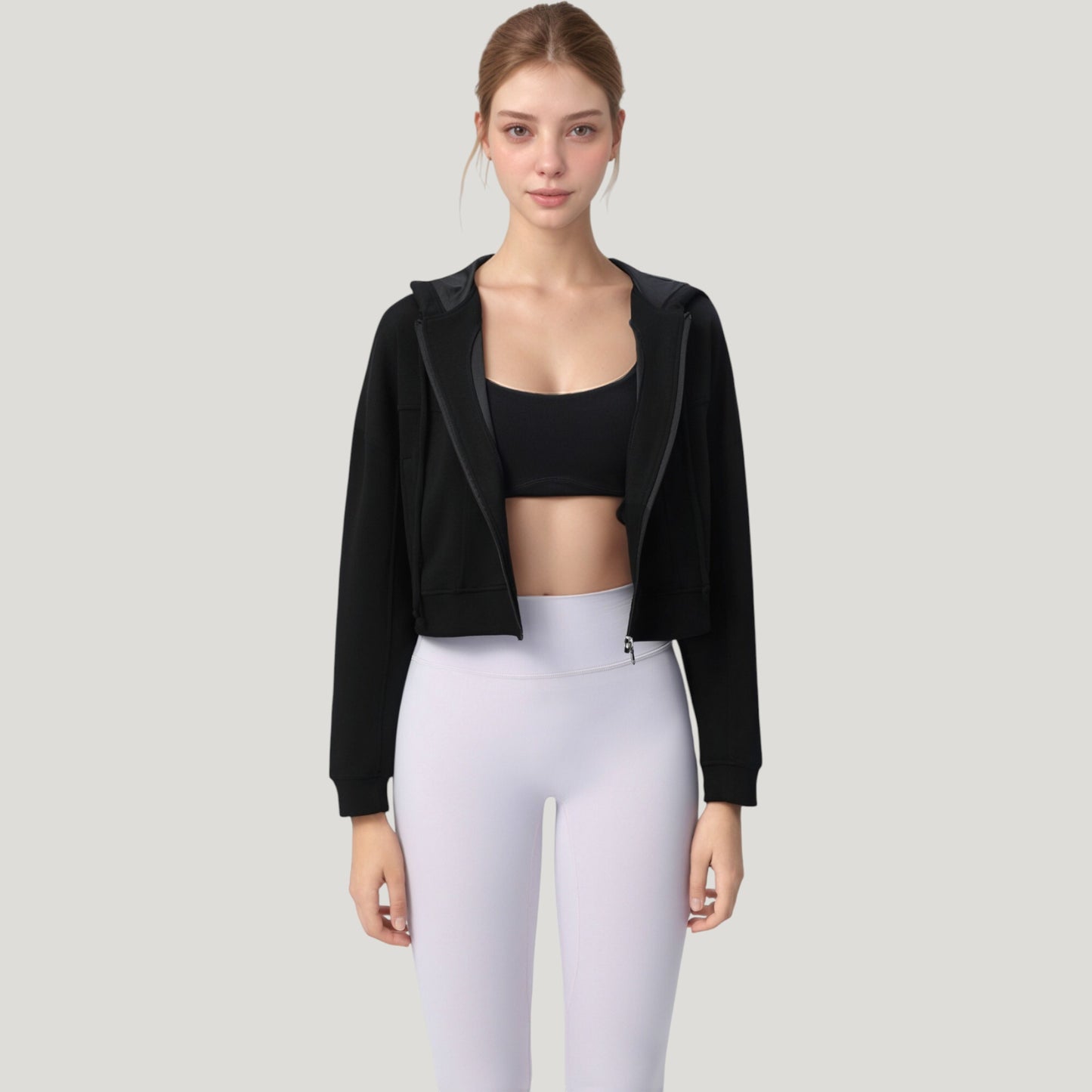 Zip Front Cropped Hoodie with Long Sleeves and Drawstring Hood