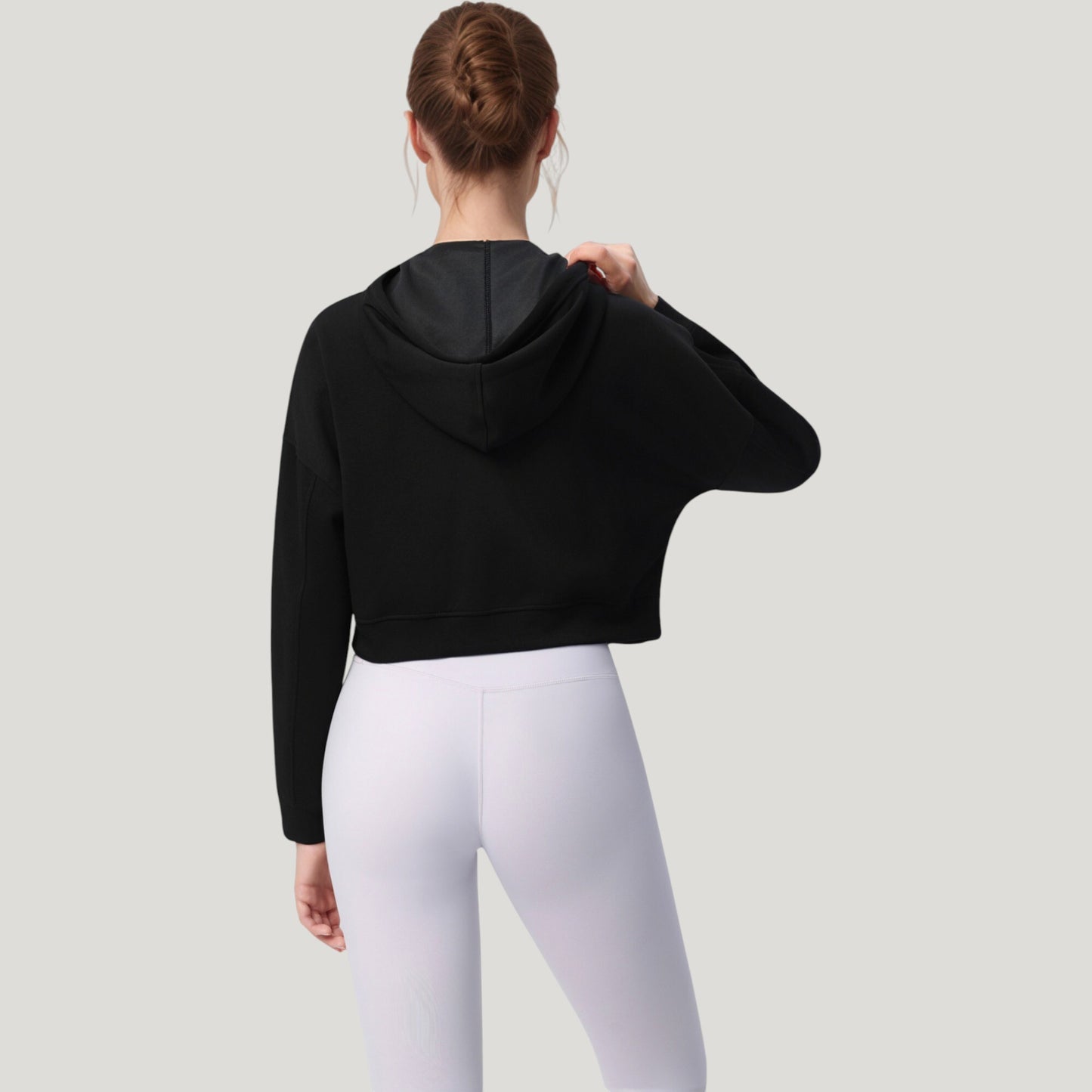 Zip Front Cropped Hoodie with Long Sleeves and Drawstring Hood