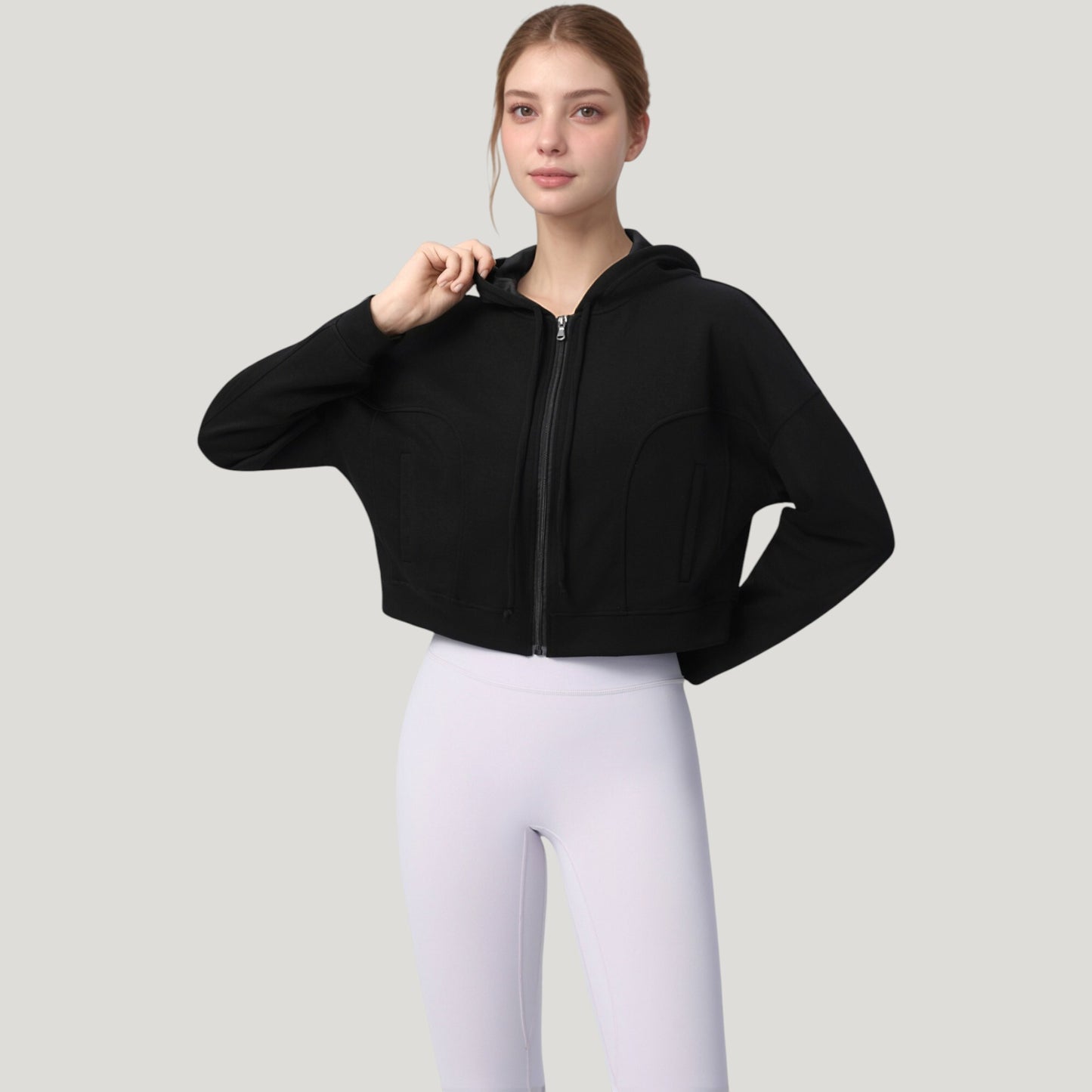 Zip Front Cropped Hoodie with Long Sleeves and Drawstring Hood