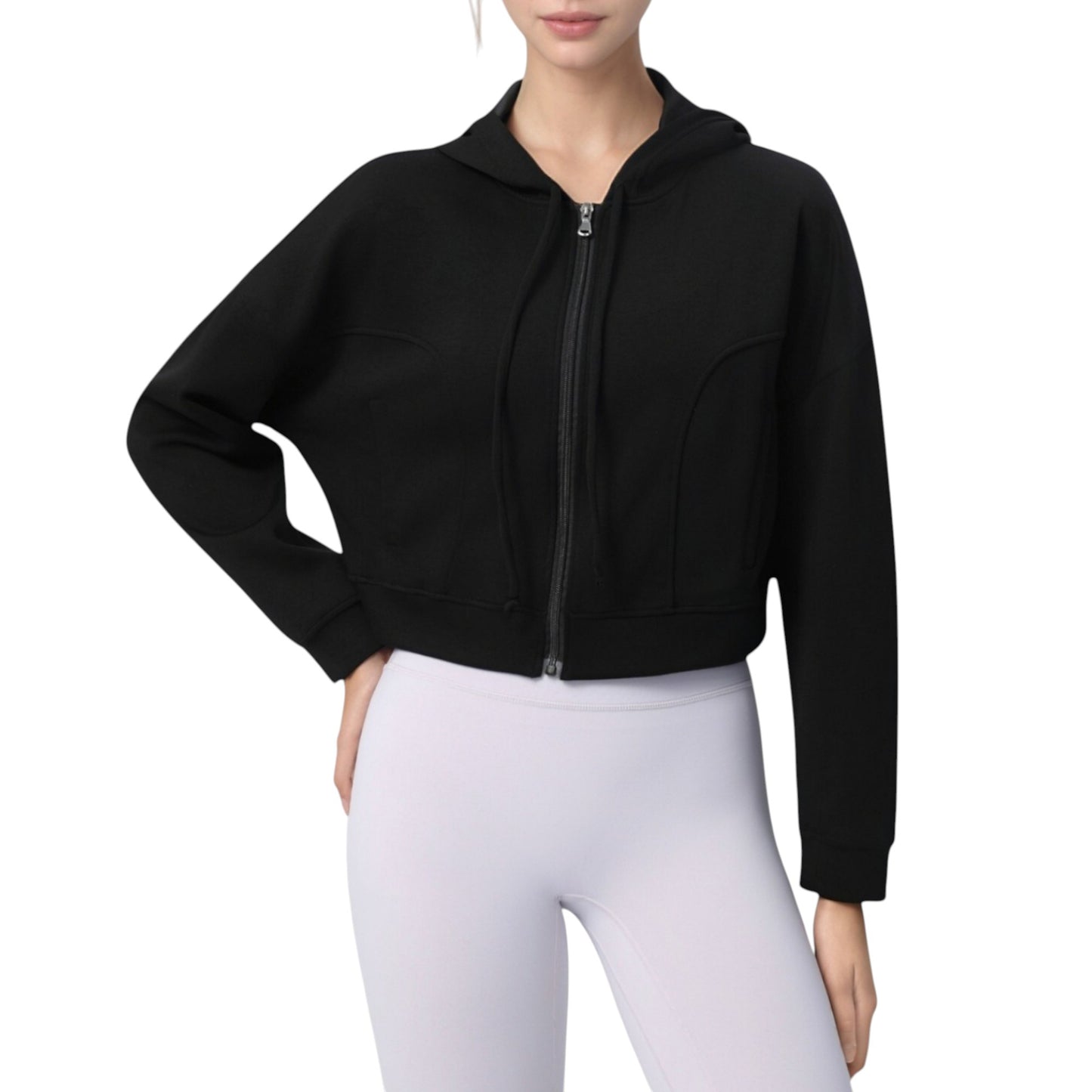 Zip Front Cropped Hoodie with Long Sleeves and Drawstring Hood