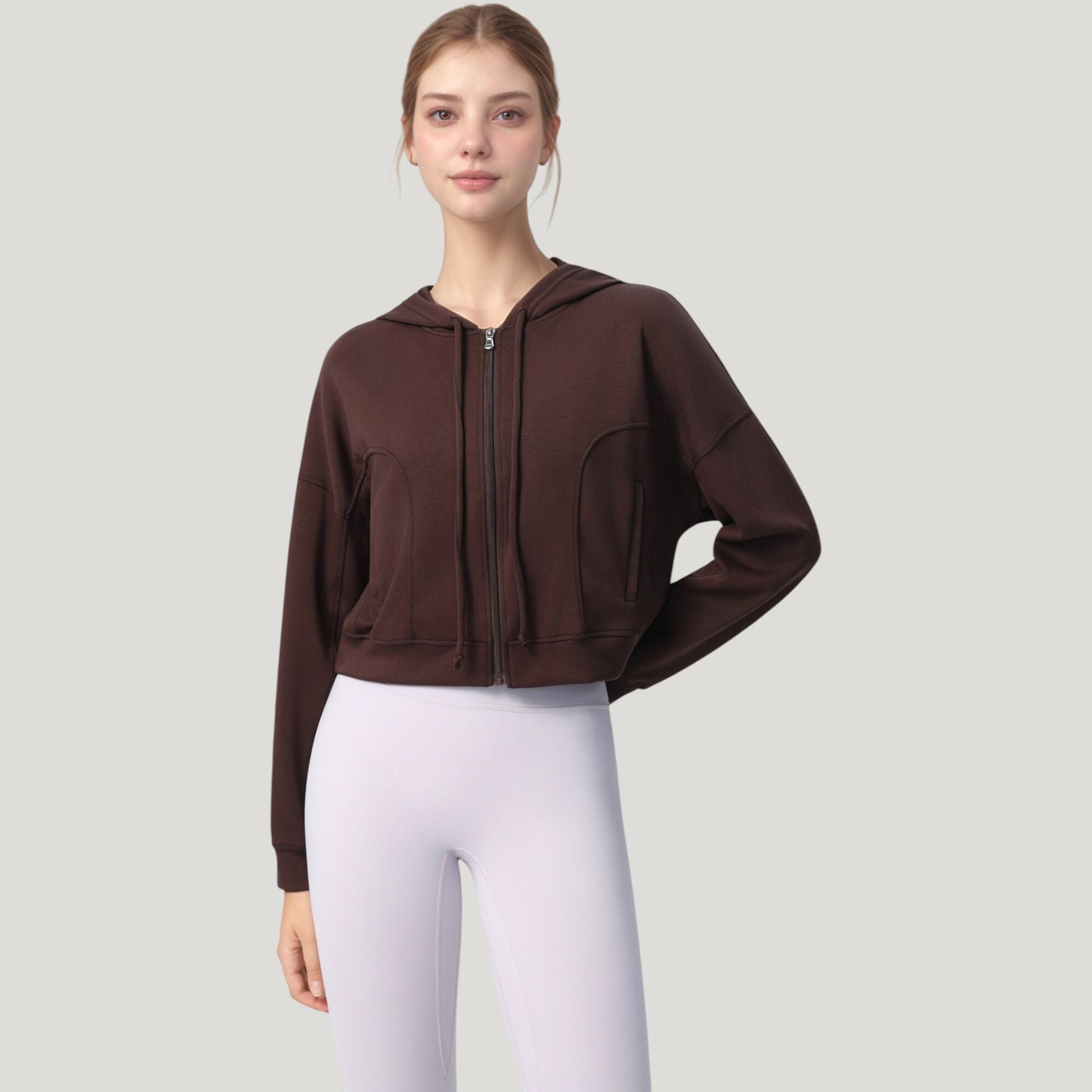 Zip Front Cropped Hoodie with Long Sleeves and Drawstring Hood