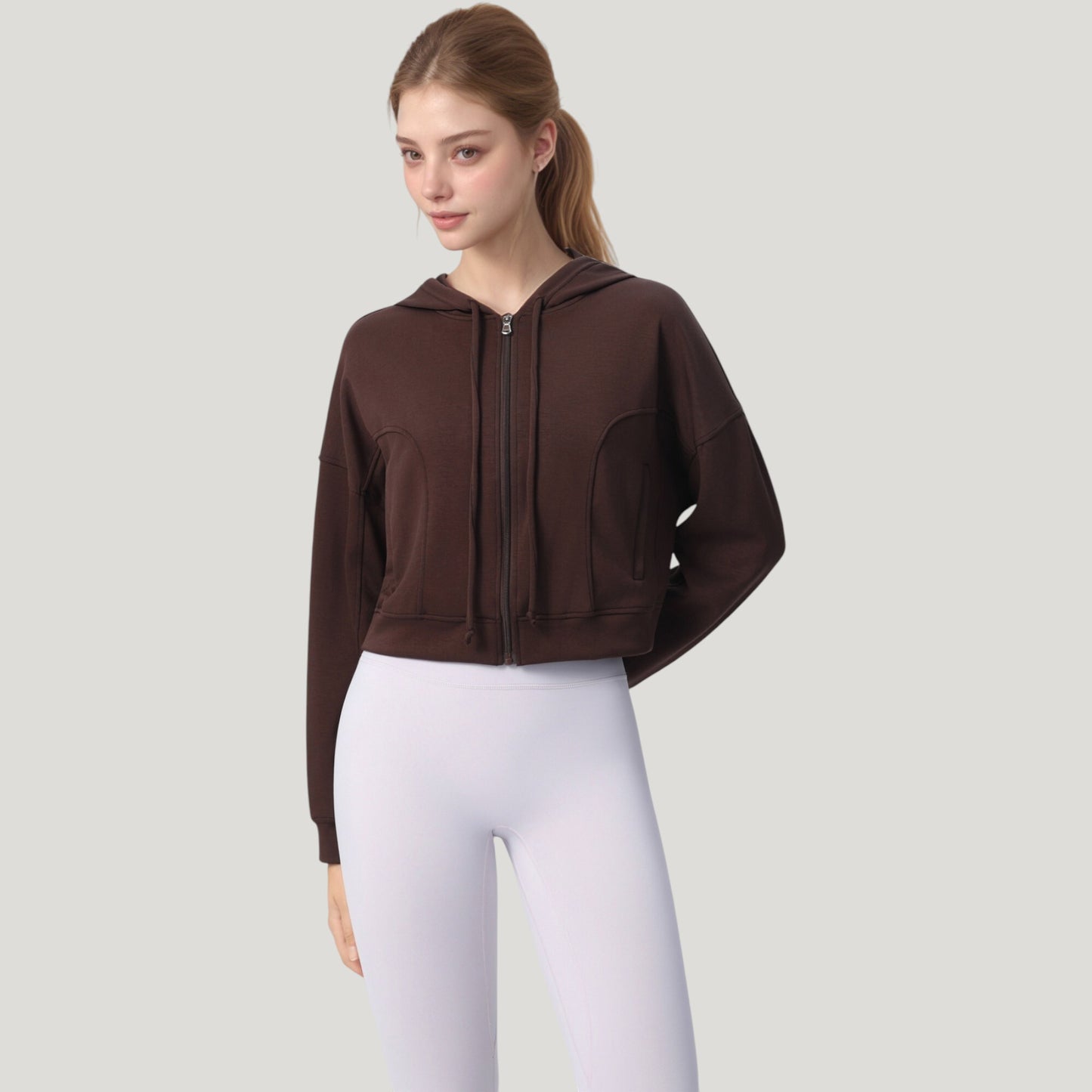Zip Front Cropped Hoodie with Long Sleeves and Drawstring Hood