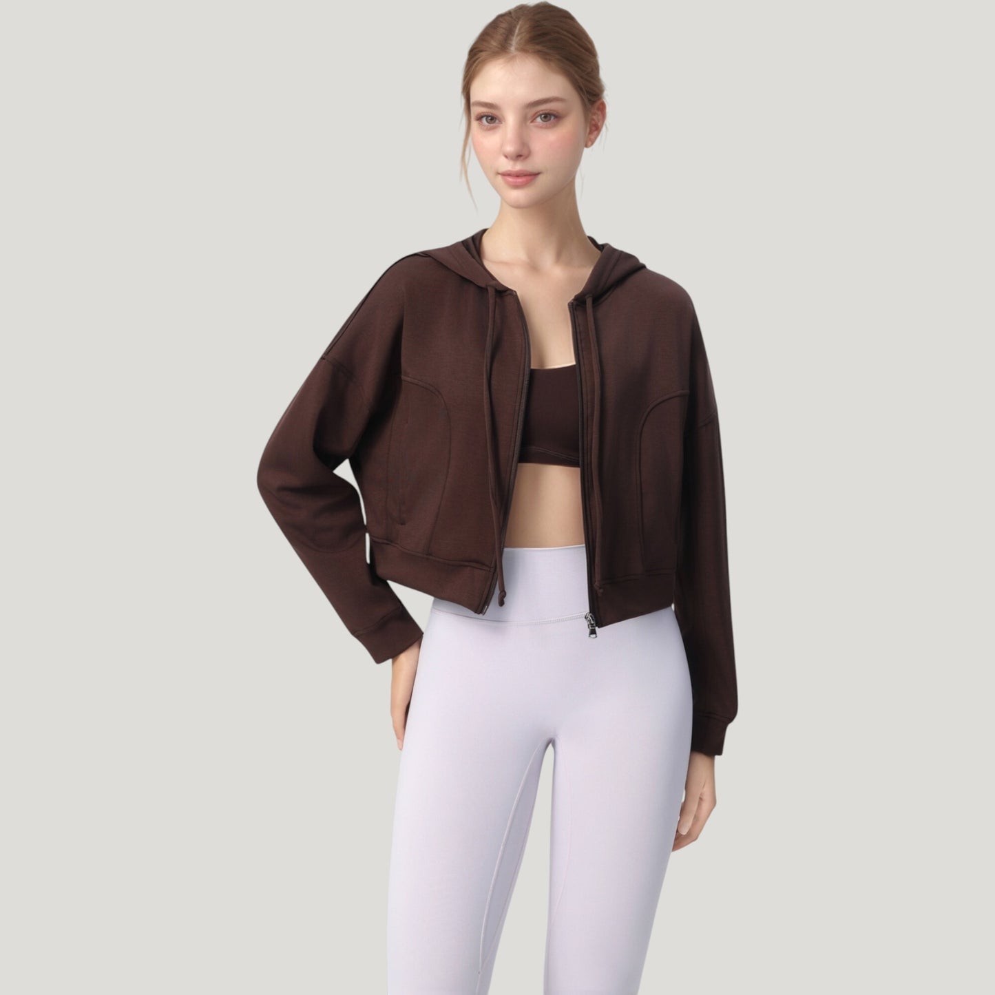 Zip Front Cropped Hoodie with Long Sleeves and Drawstring Hood
