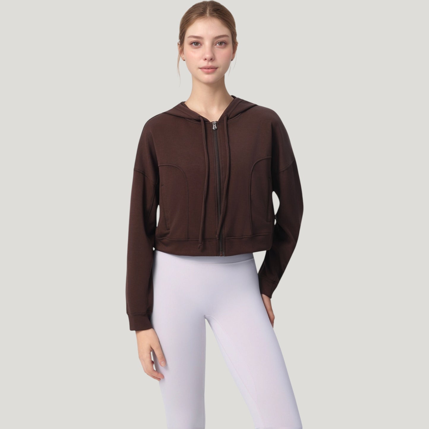 Zip Front Cropped Hoodie with Long Sleeves and Drawstring Hood