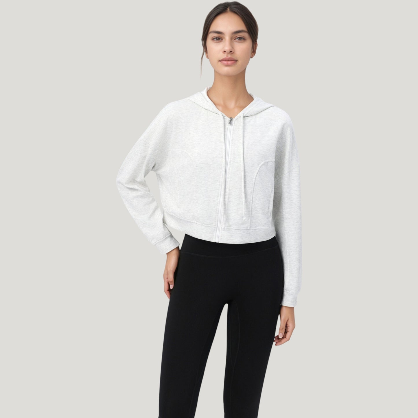 Zip Front Cropped Hoodie with Long Sleeves and Drawstring Hood