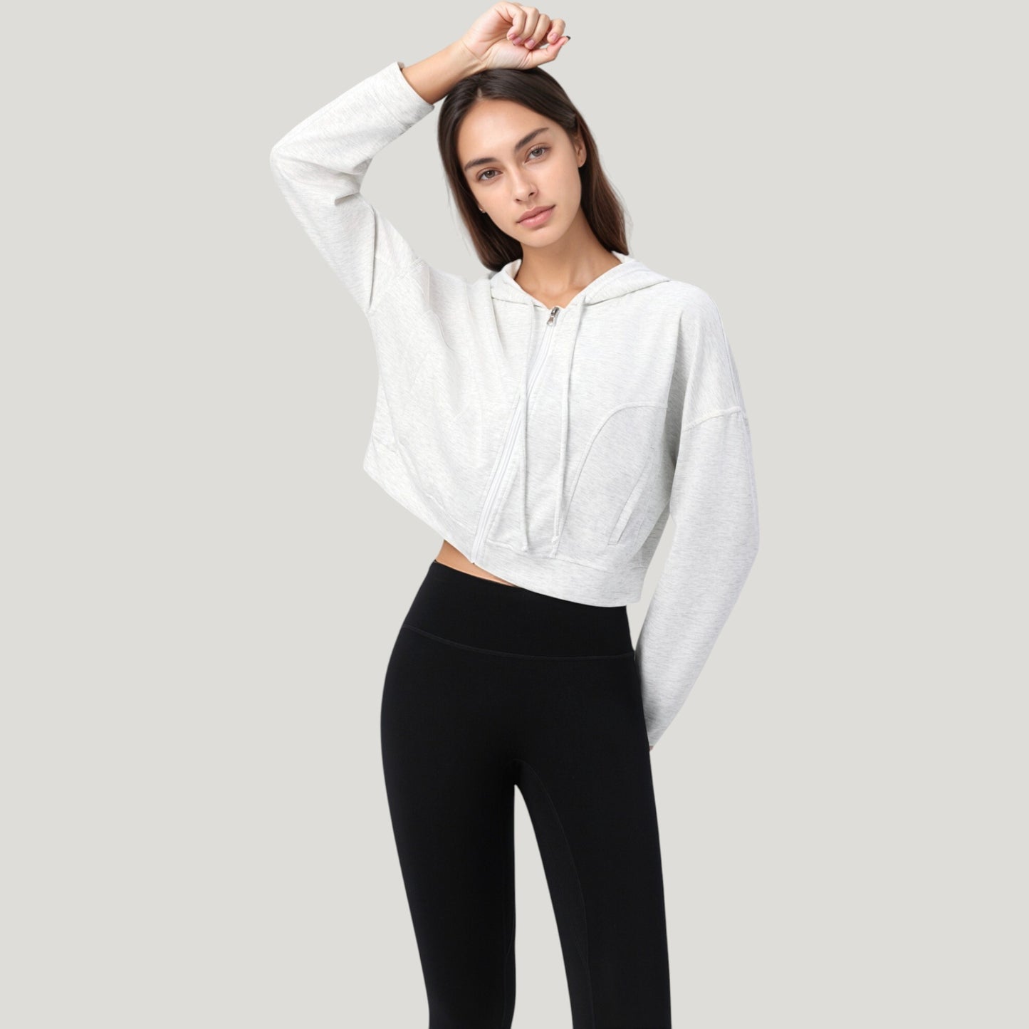 Zip Front Cropped Hoodie with Long Sleeves and Drawstring Hood