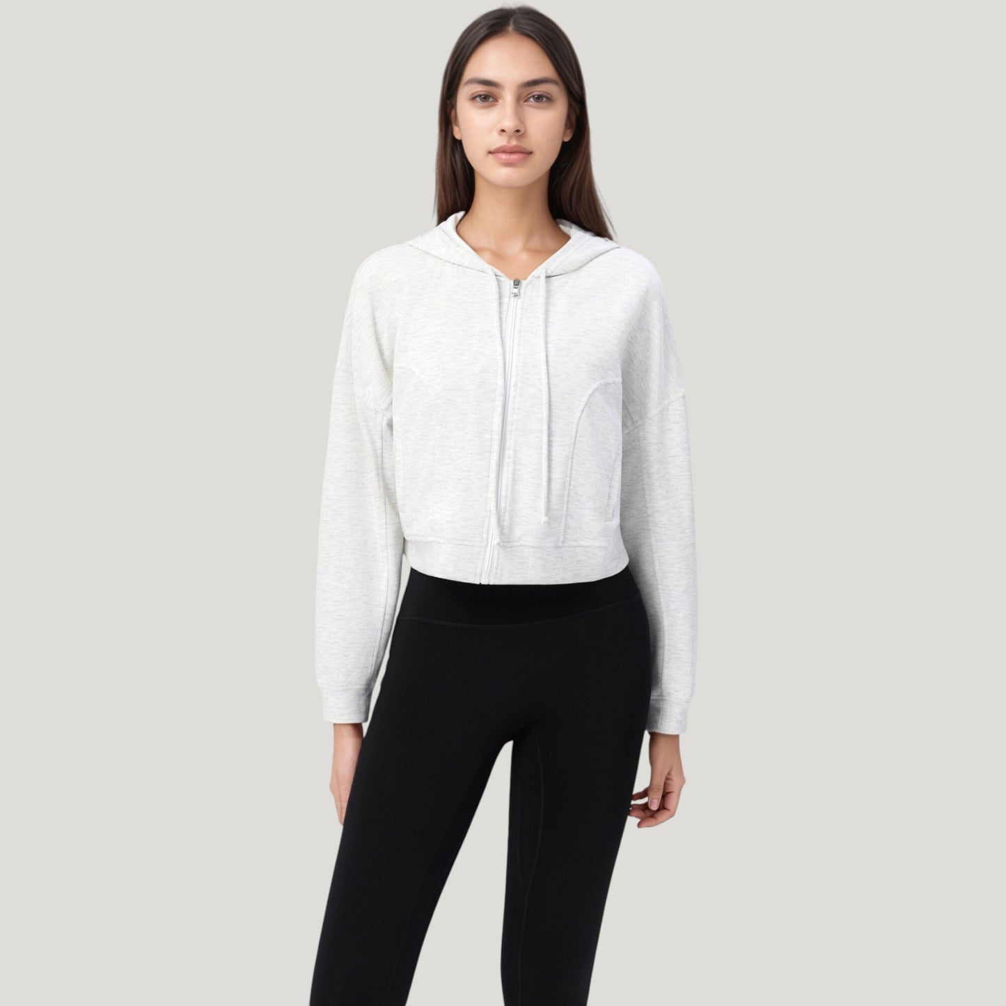 Zip Front Cropped Hoodie with Long Sleeves and Drawstring Hood