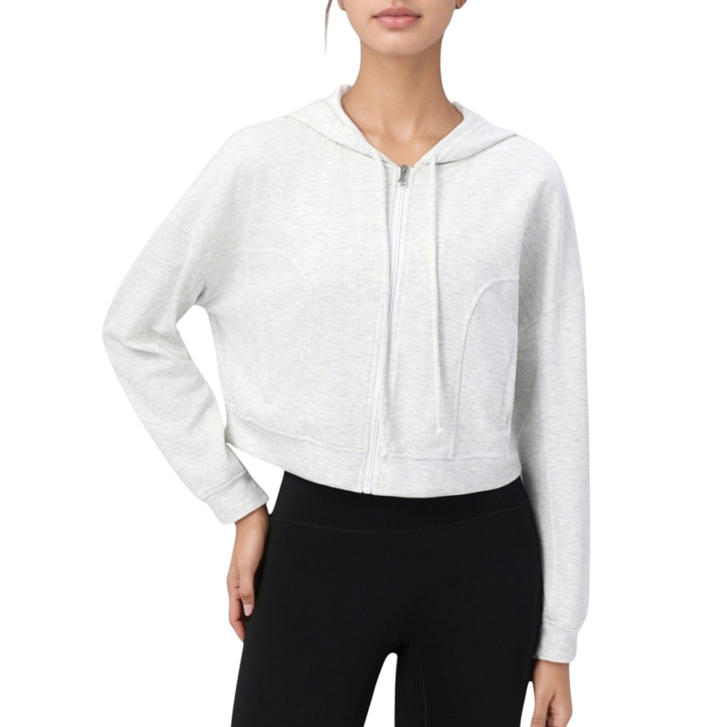 Zip Front Cropped Hoodie with Long Sleeves and Drawstring Hood