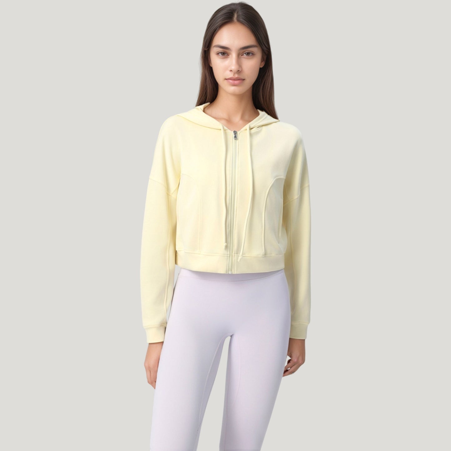 Zip Front Cropped Hoodie with Long Sleeves and Drawstring Hood