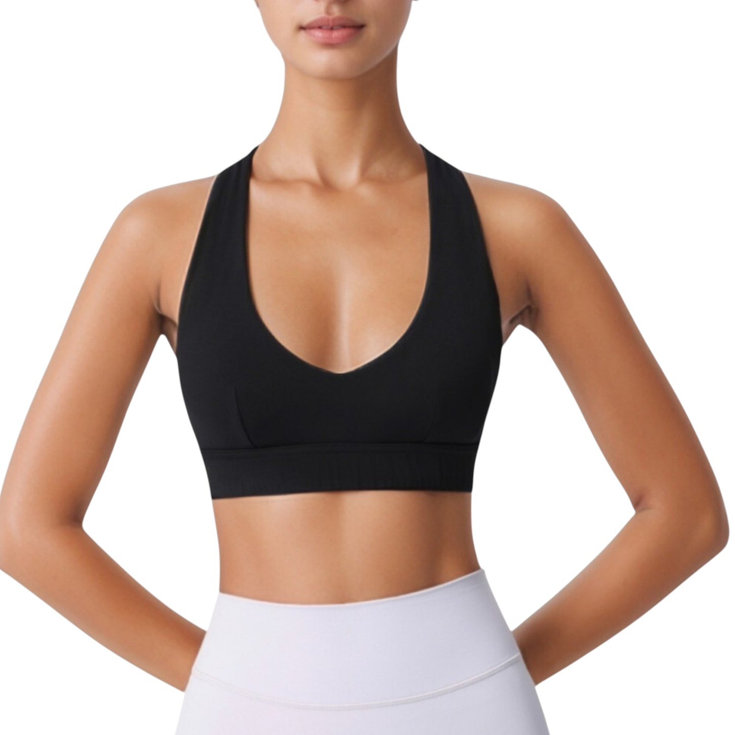 Low Scoop Neck Sports Bra with Open Back Strap Design and Supportive Elastic Band