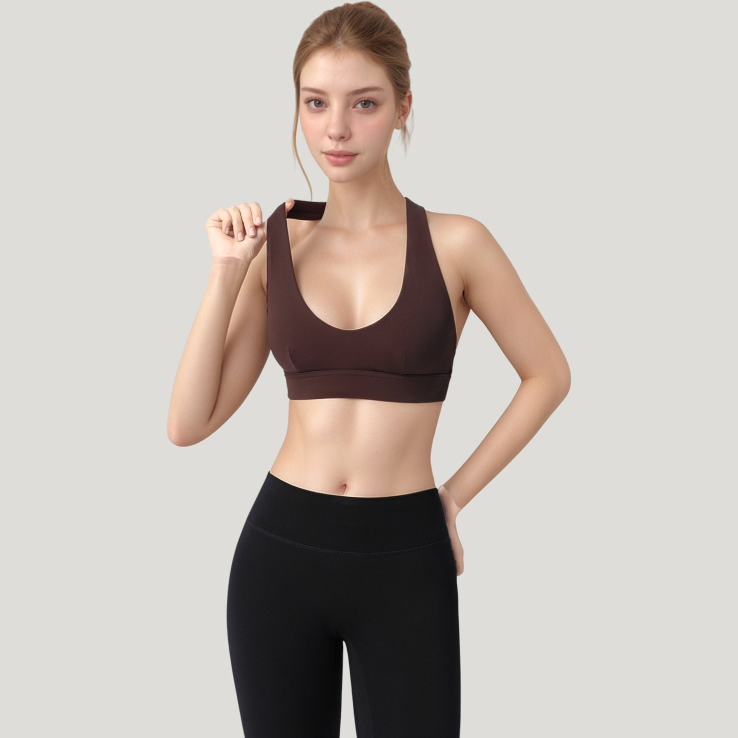 Low Scoop Neck Sports Bra with Open Back Strap Design and Supportive Elastic Band