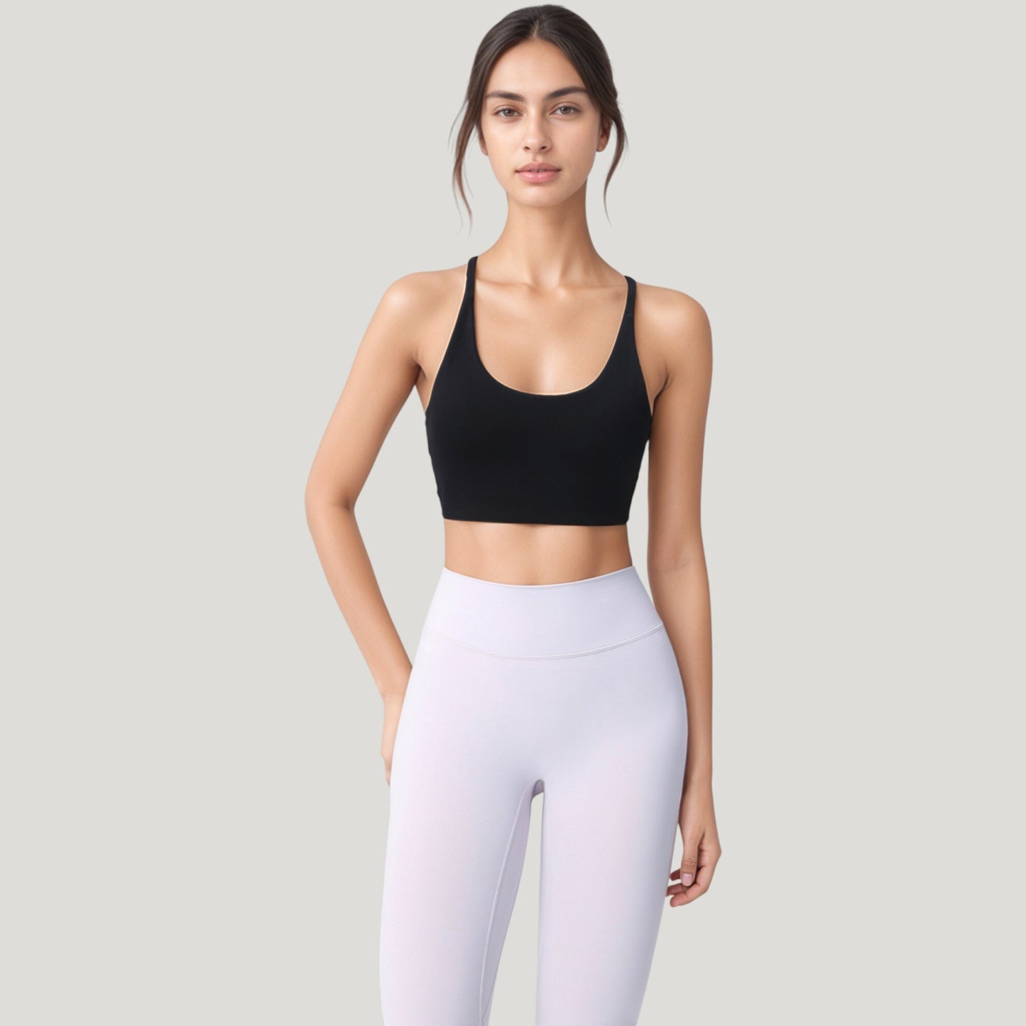 Strappy Back Sports Bra with Scoop Neck and Crisscross Detailing