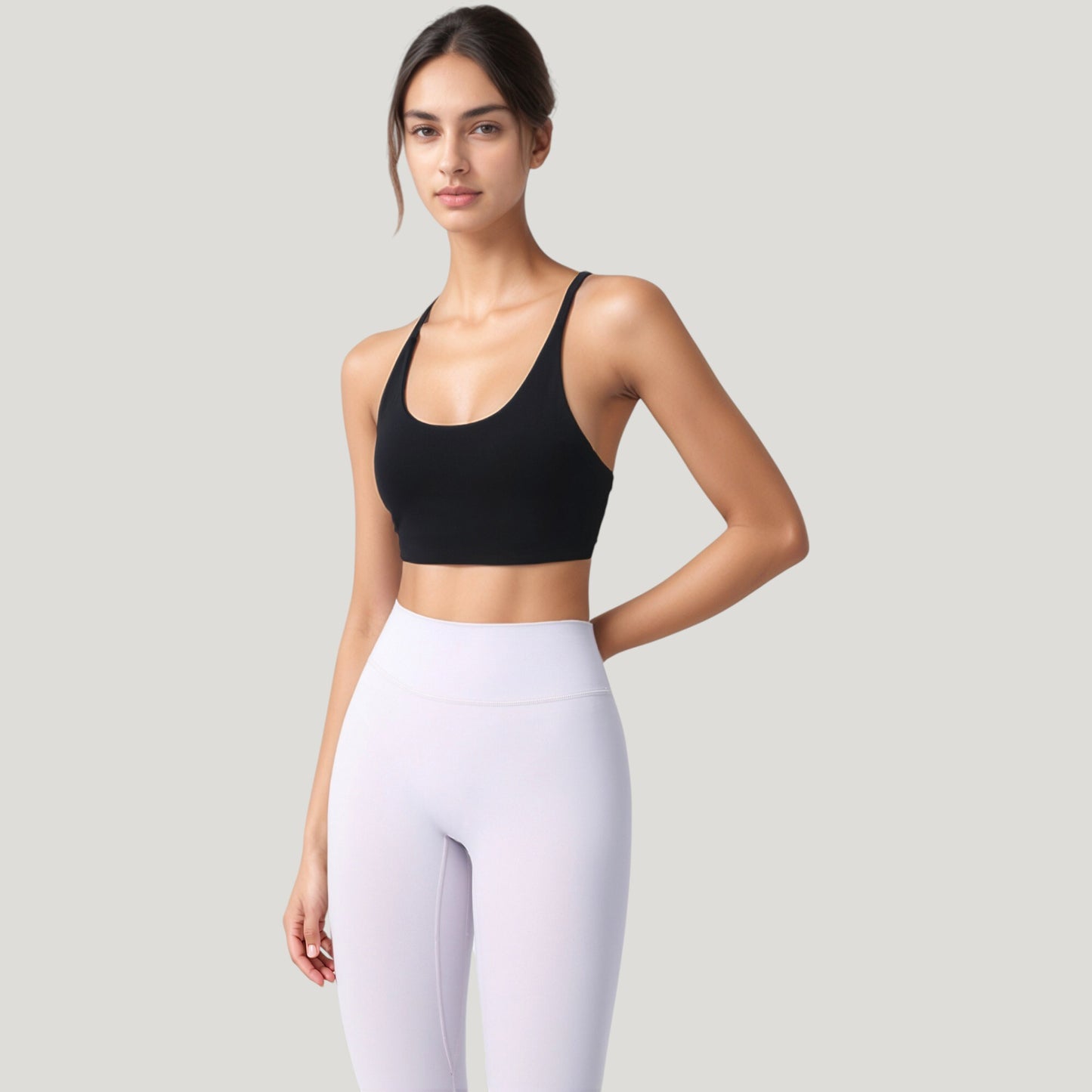 Strappy Back Sports Bra with Scoop Neck and Crisscross Detailing