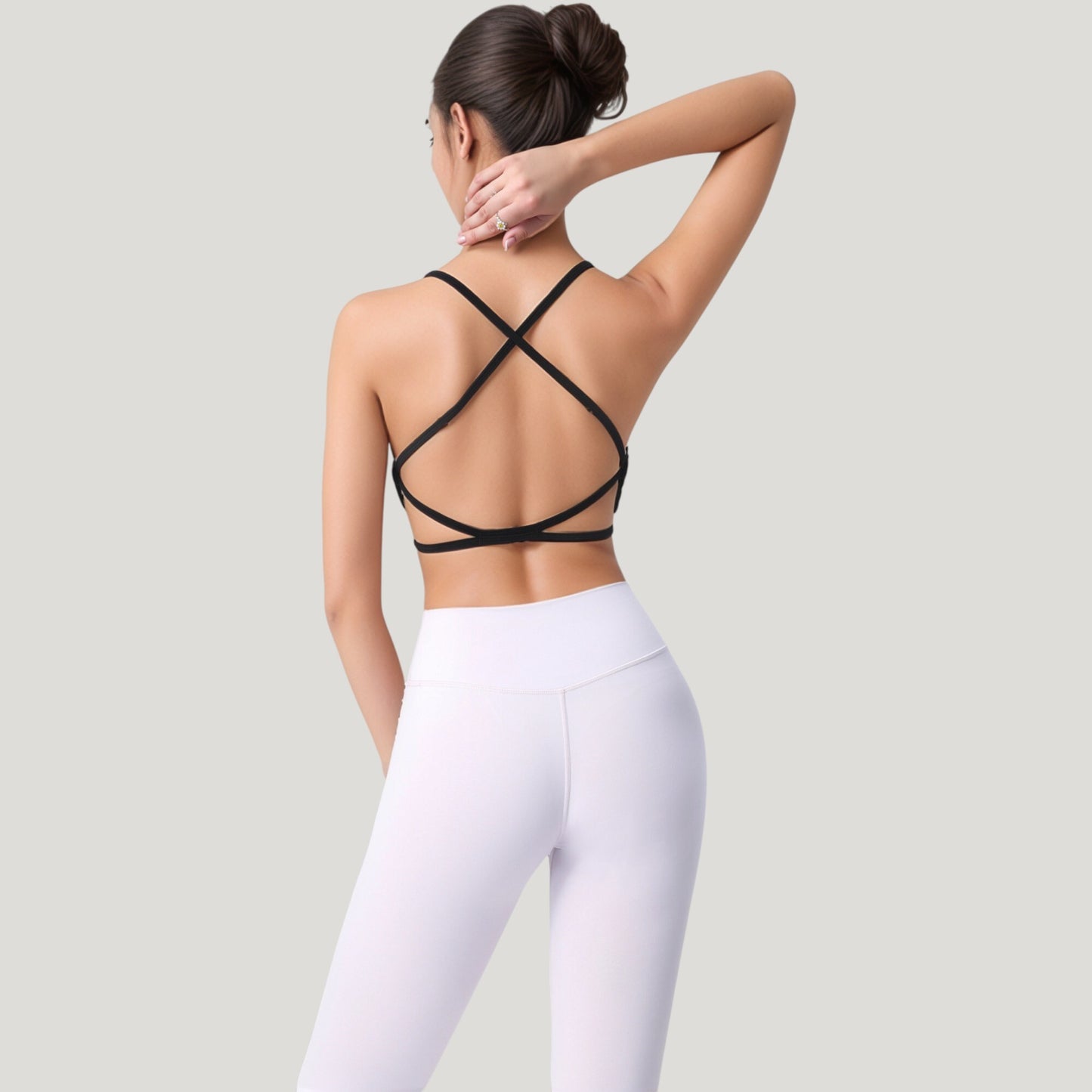 Strappy Back Sports Bra with Scoop Neck and Crisscross Detailing