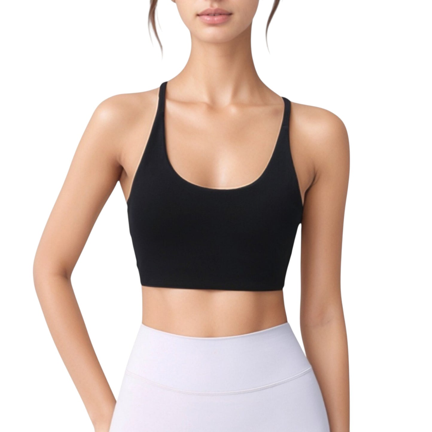 Strappy Back Sports Bra with Scoop Neck and Crisscross Detailing