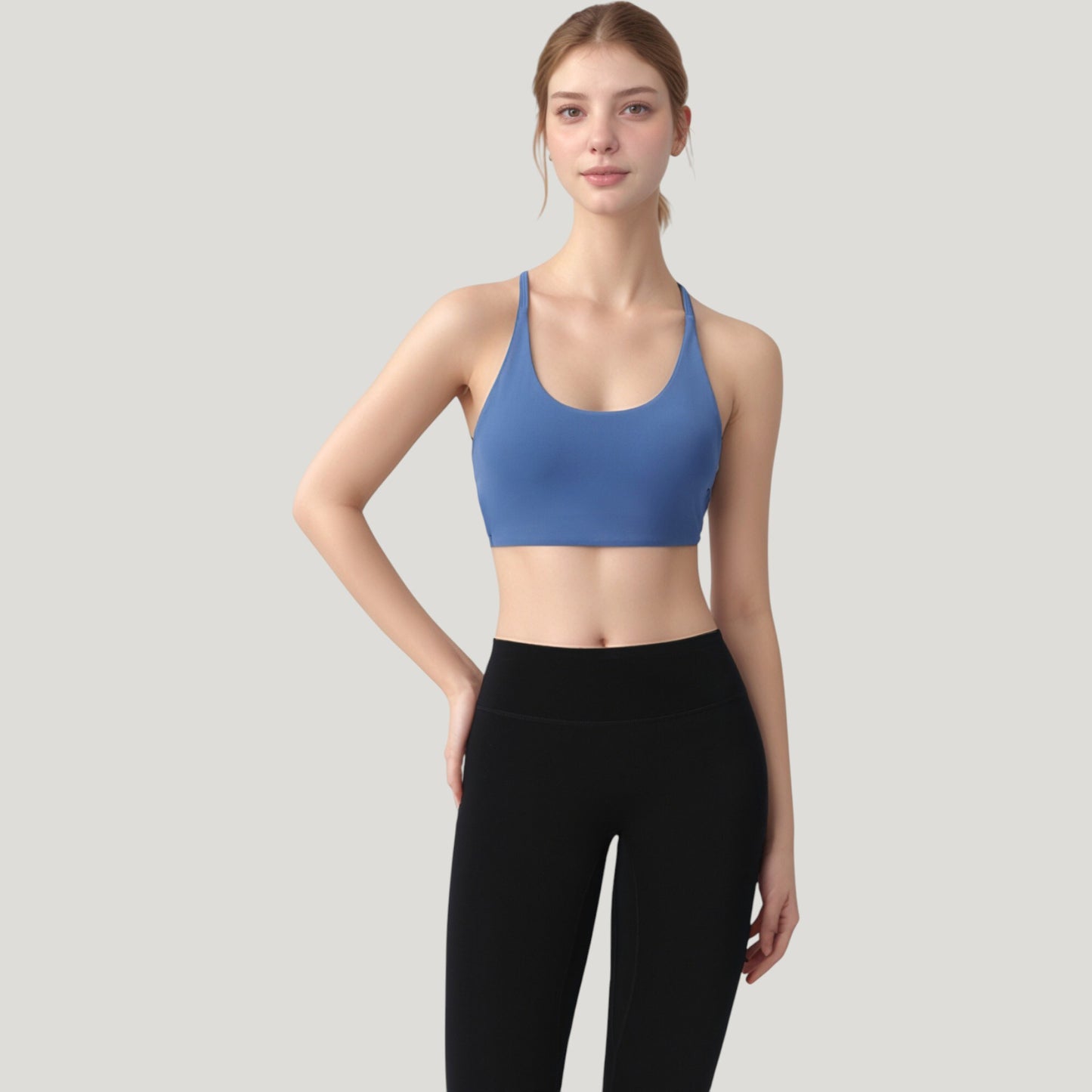 Strappy Back Sports Bra with Scoop Neck and Crisscross Detailing