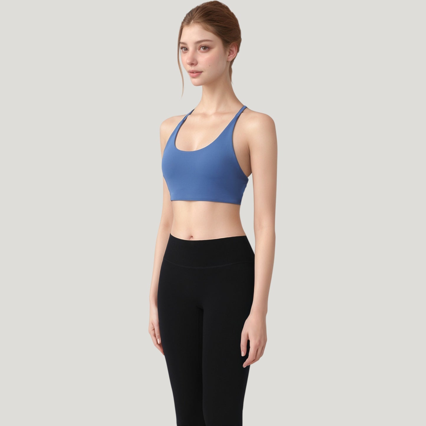 Strappy Back Sports Bra with Scoop Neck and Crisscross Detailing