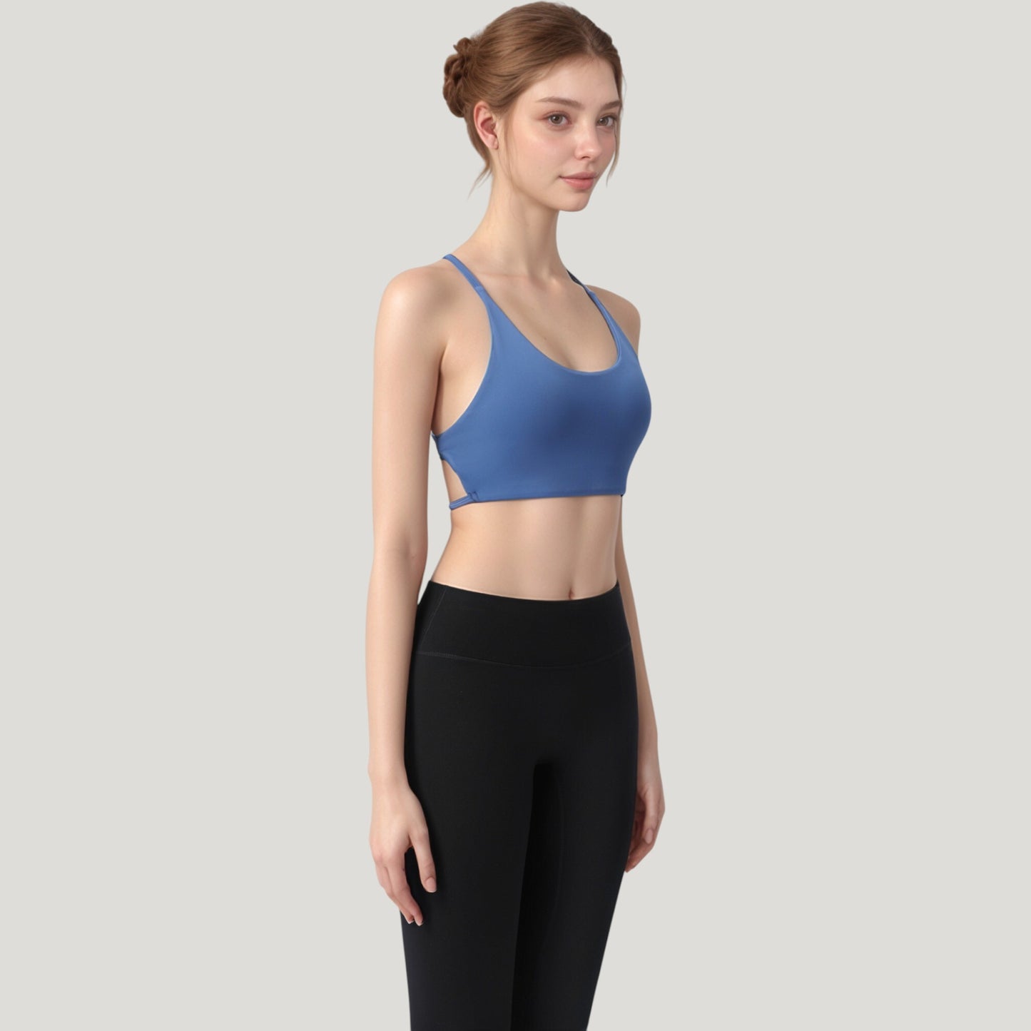 Strappy Back Sports Bra with Scoop Neck and Crisscross Detailing