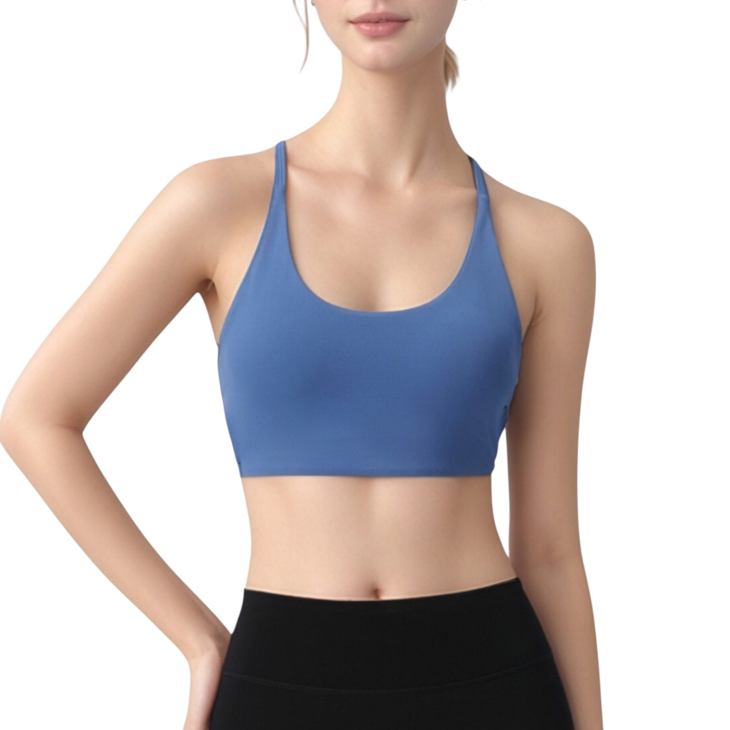 Strappy Back Sports Bra with Scoop Neck and Crisscross Detailing