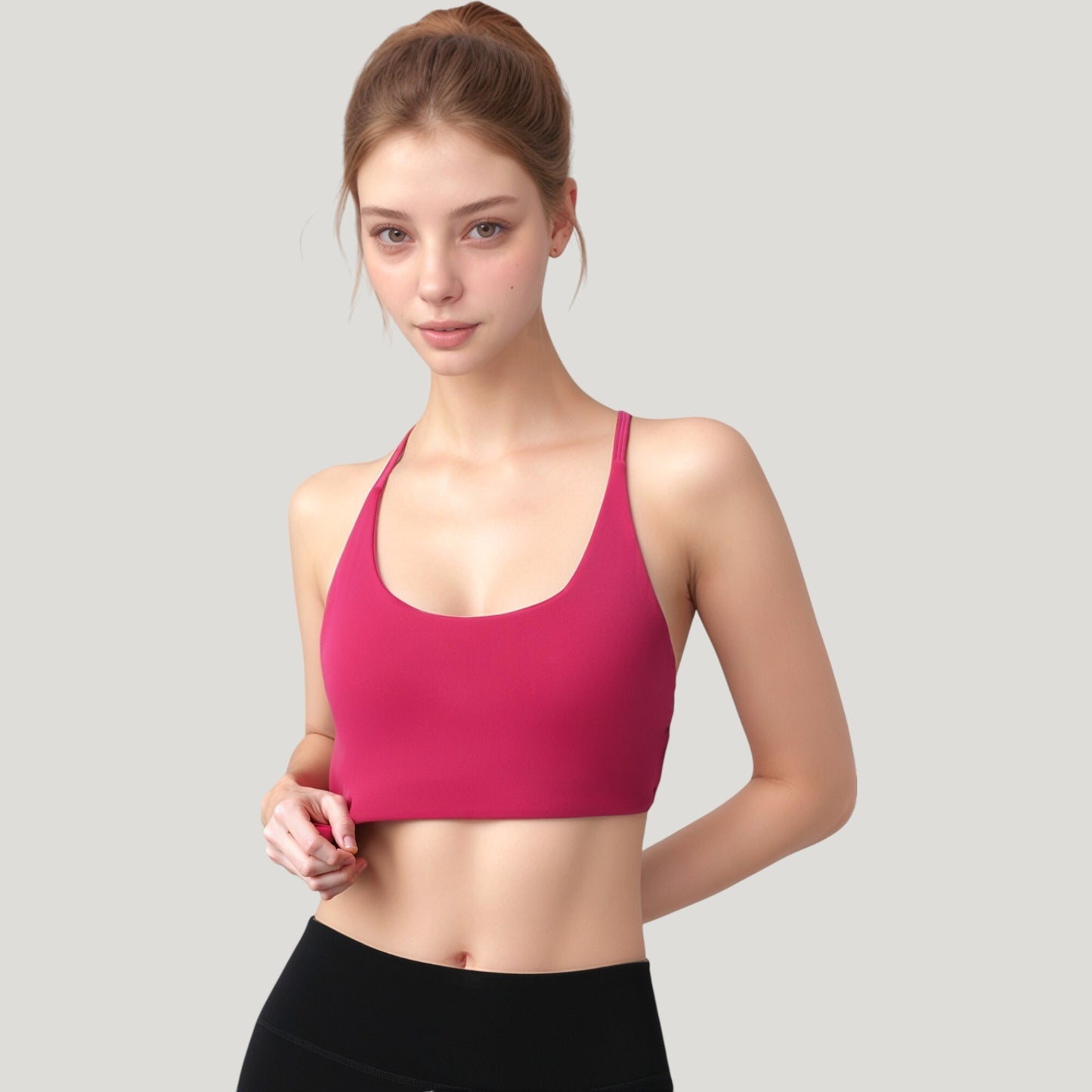 Strappy Back Sports Bra with Scoop Neck and Crisscross Detailing