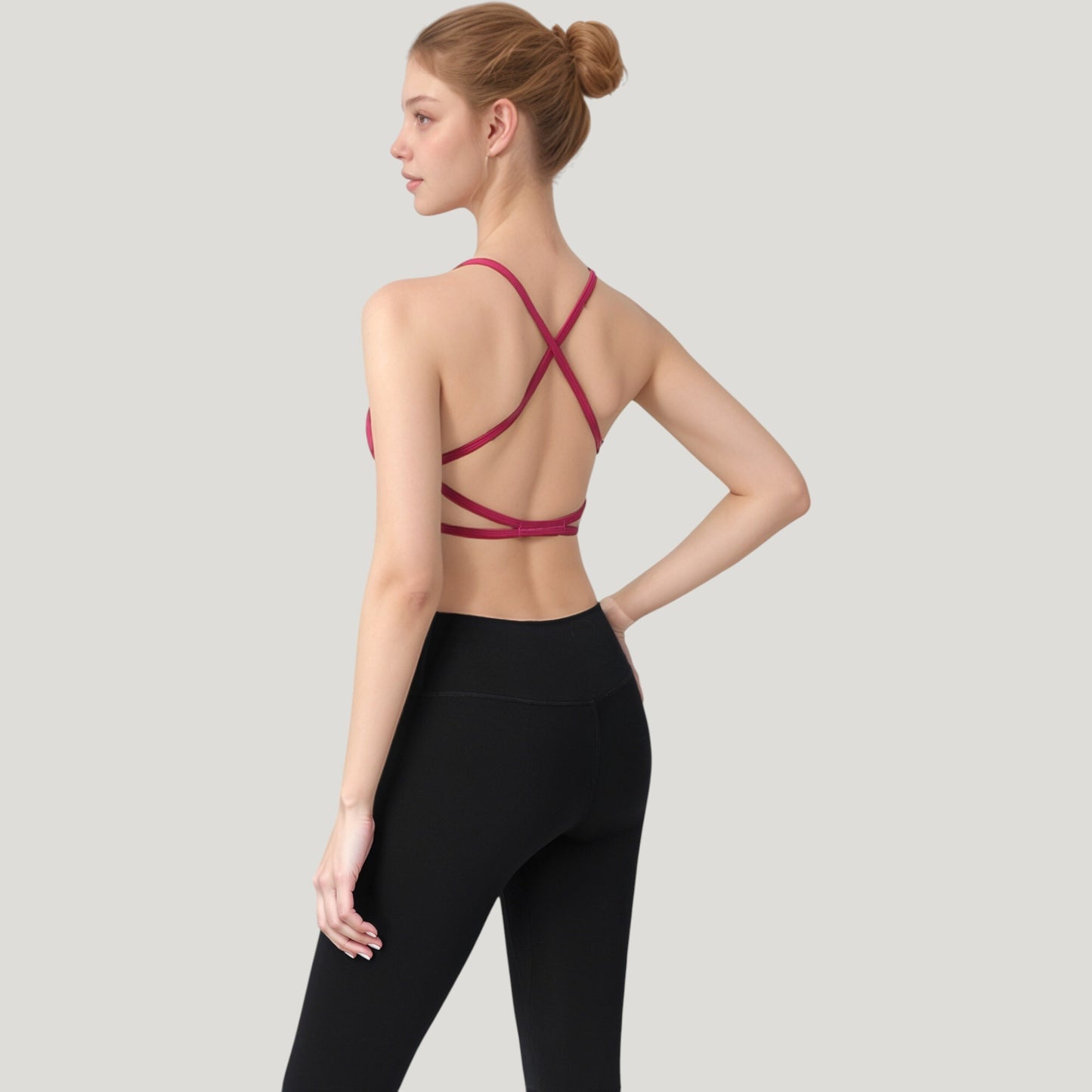 Strappy Back Sports Bra with Scoop Neck and Crisscross Detailing