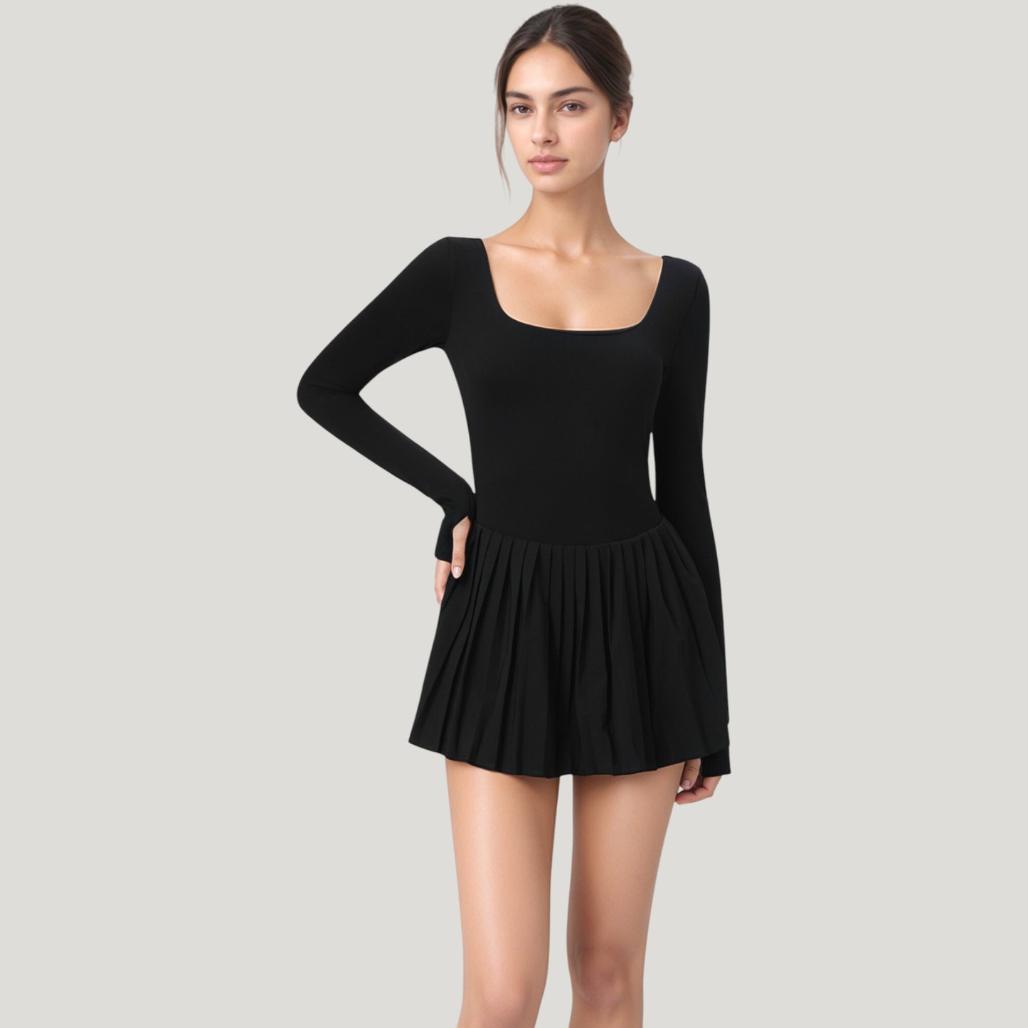 Long Sleeve Pleated Skirt Active Dress with Scoop Neckline