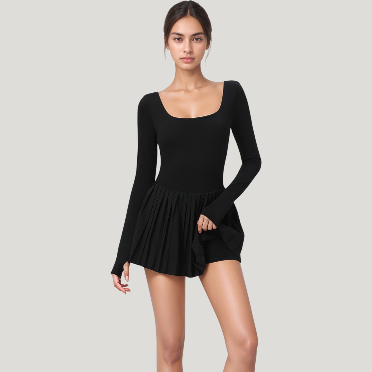 Long Sleeve Pleated Skirt Active Dress with Scoop Neckline