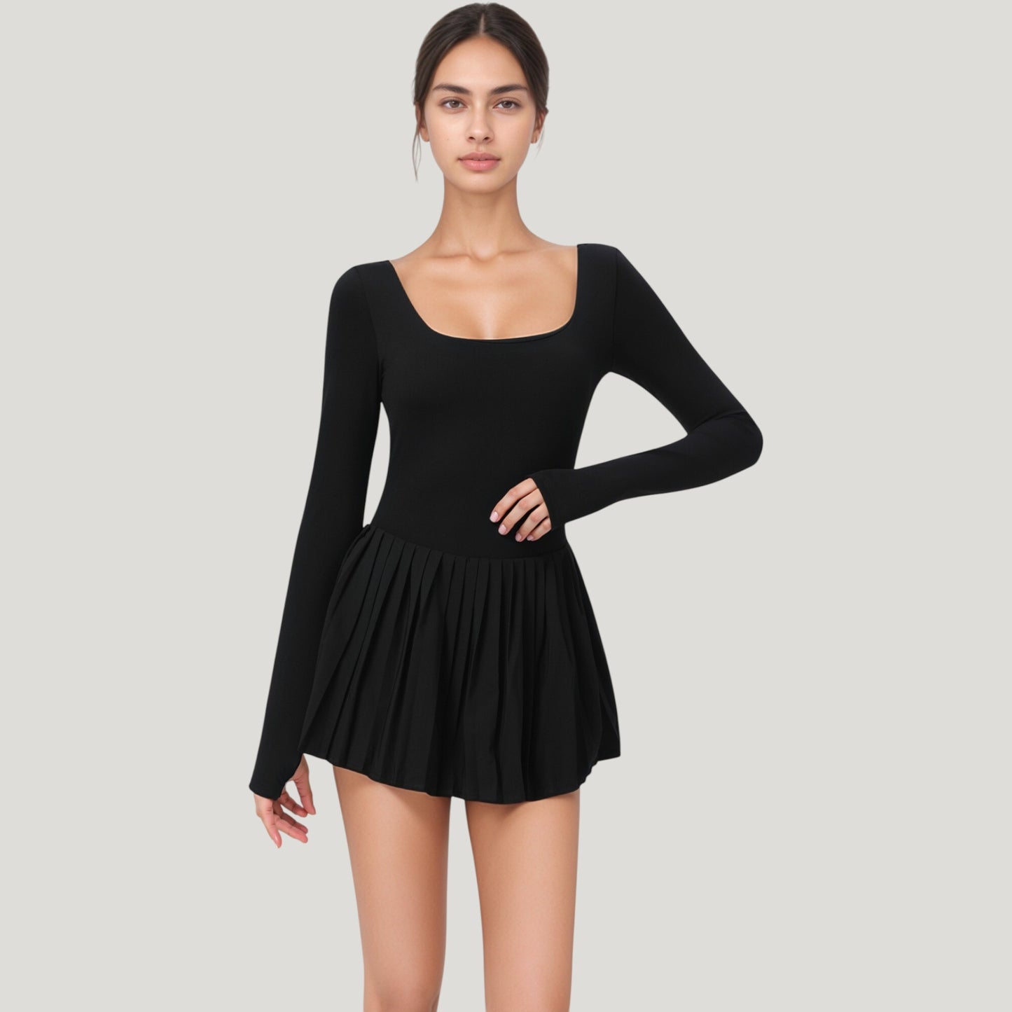 Long Sleeve Pleated Skirt Active Dress with Scoop Neckline