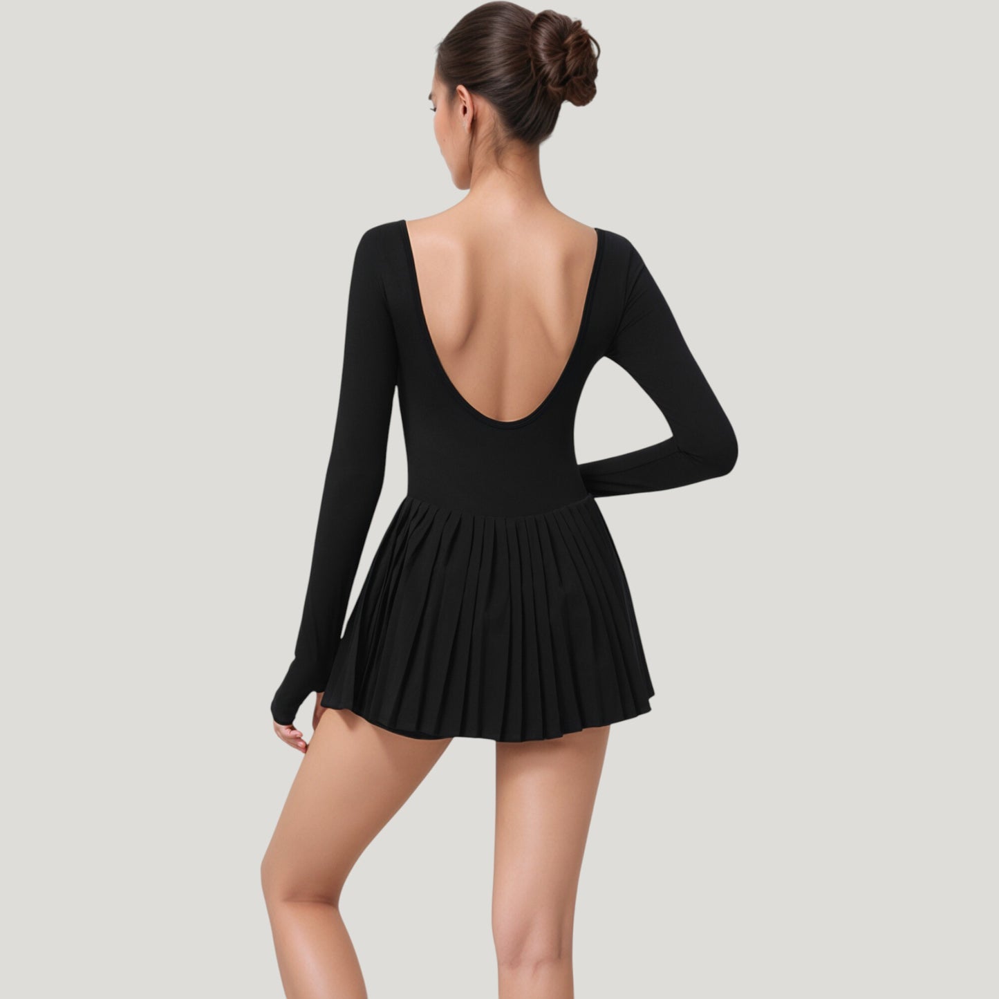 Long Sleeve Pleated Skirt Active Dress with Scoop Neckline