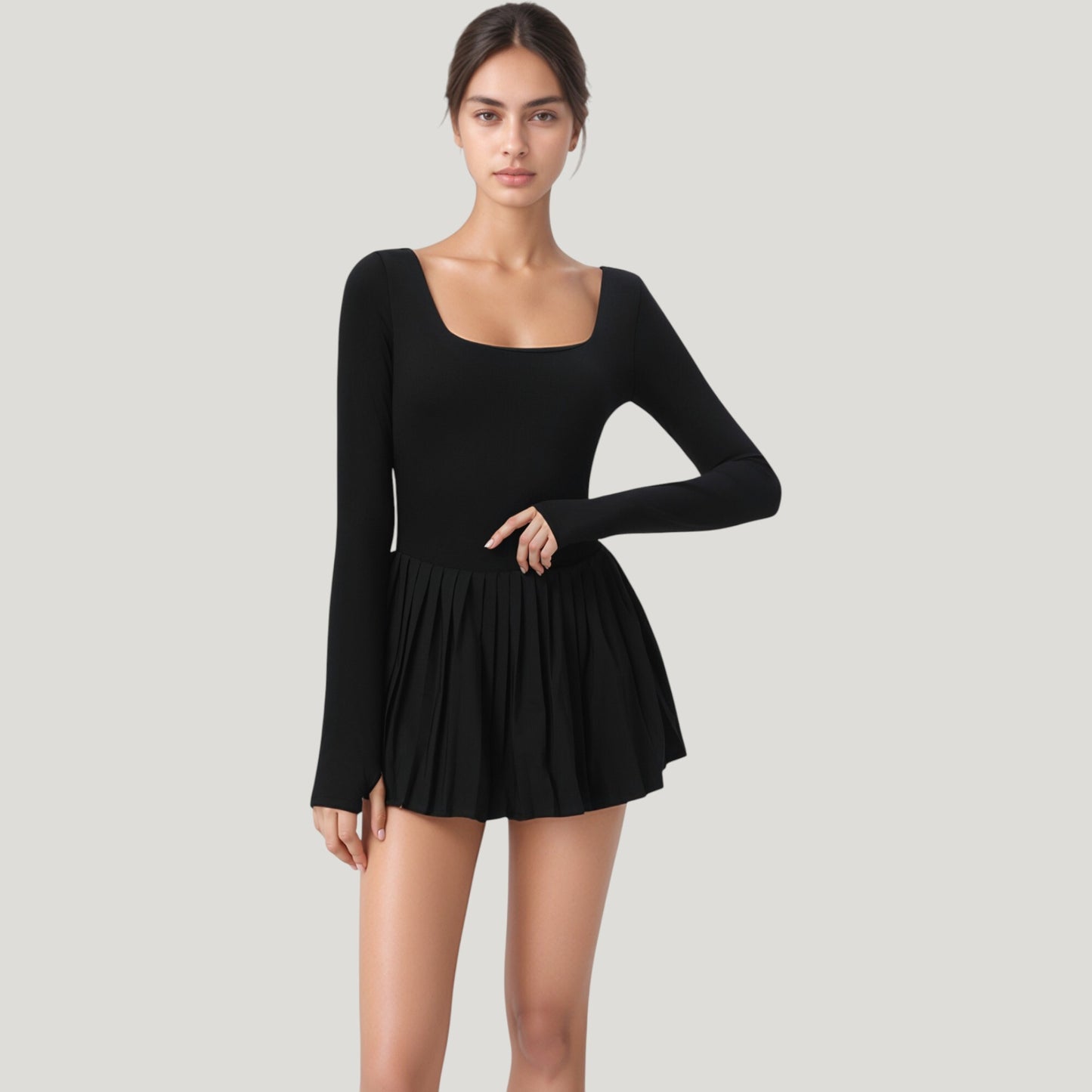 Long Sleeve Pleated Skirt Active Dress with Scoop Neckline