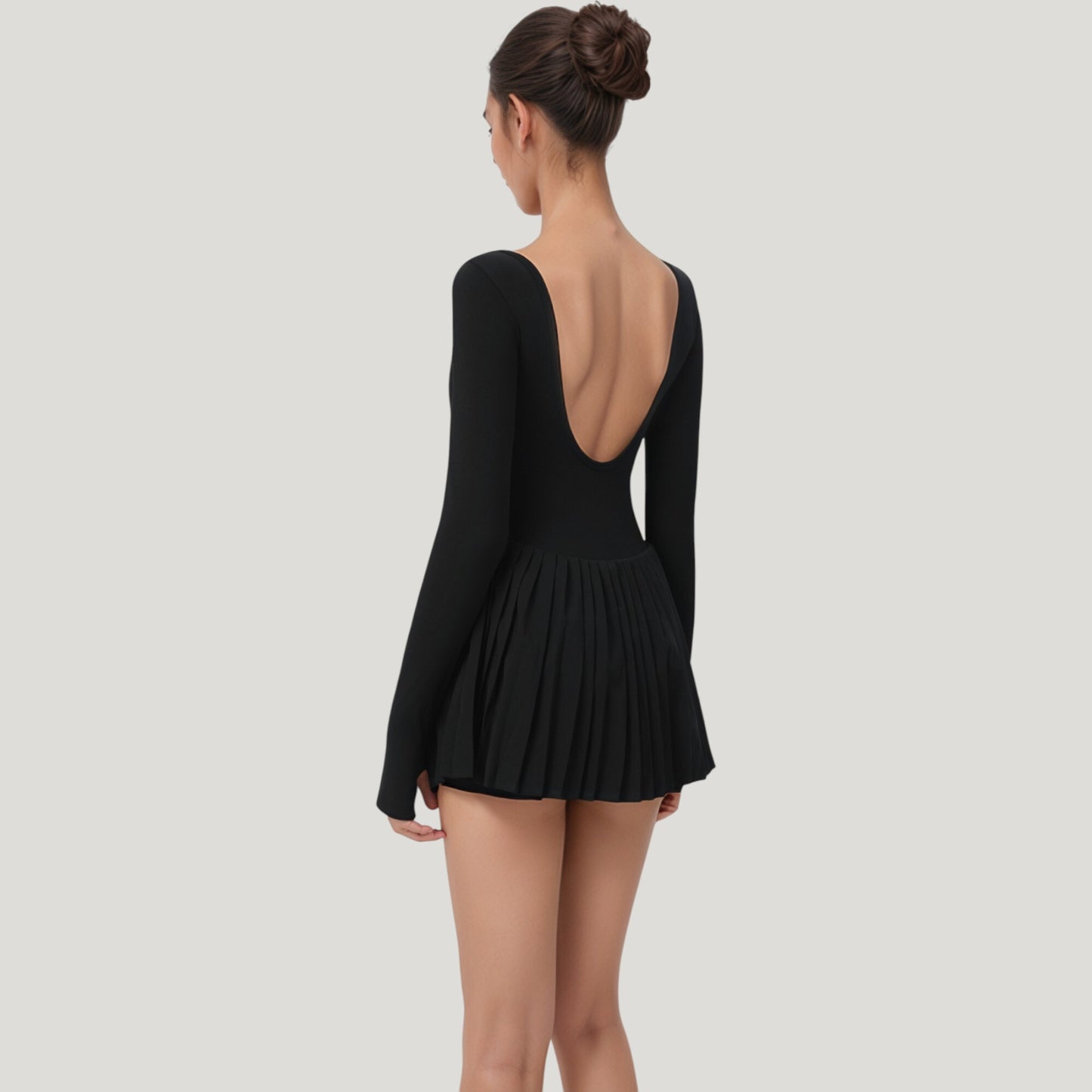 Long Sleeve Pleated Skirt Active Dress with Scoop Neckline
