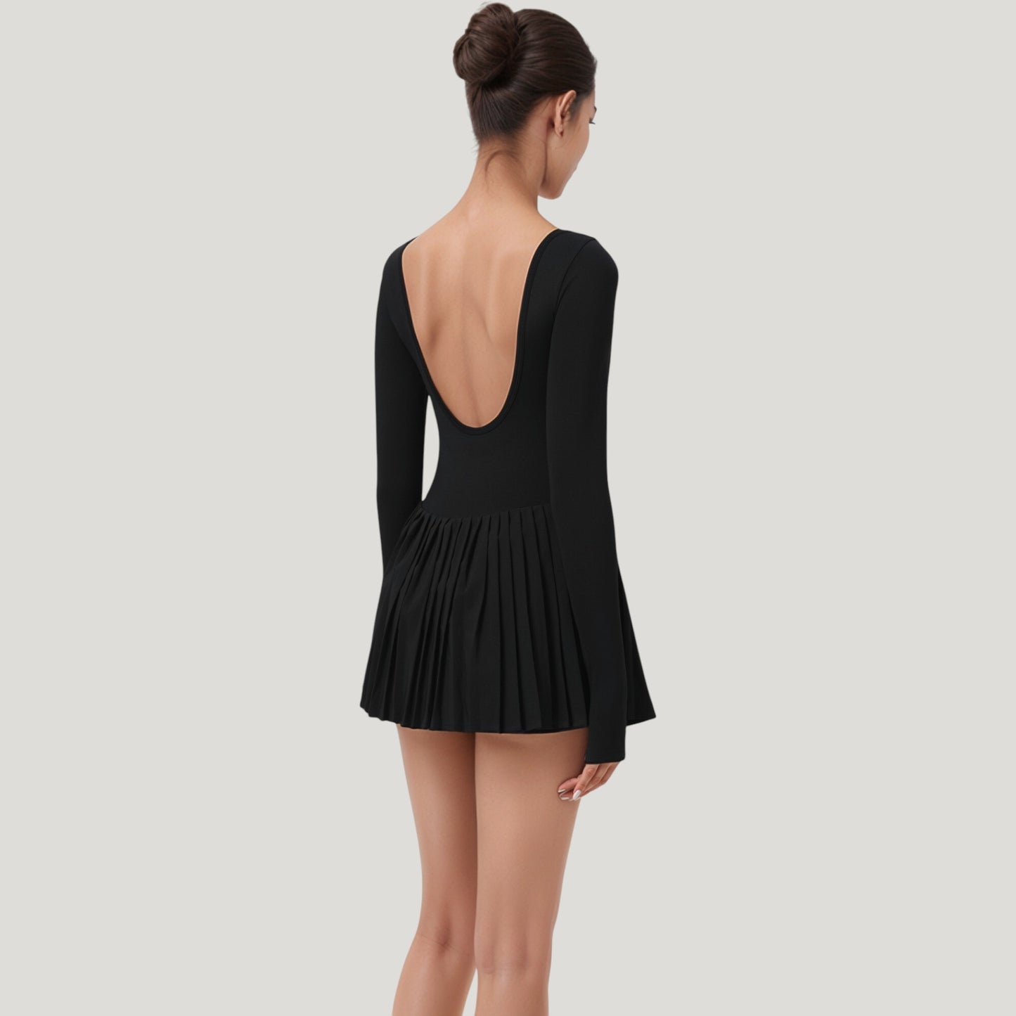 Long Sleeve Pleated Skirt Active Dress with Scoop Neckline