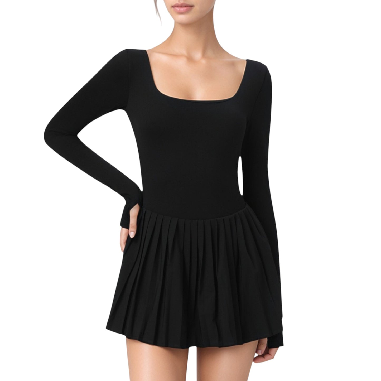 Long Sleeve Pleated Skirt Active Dress with Scoop Neckline