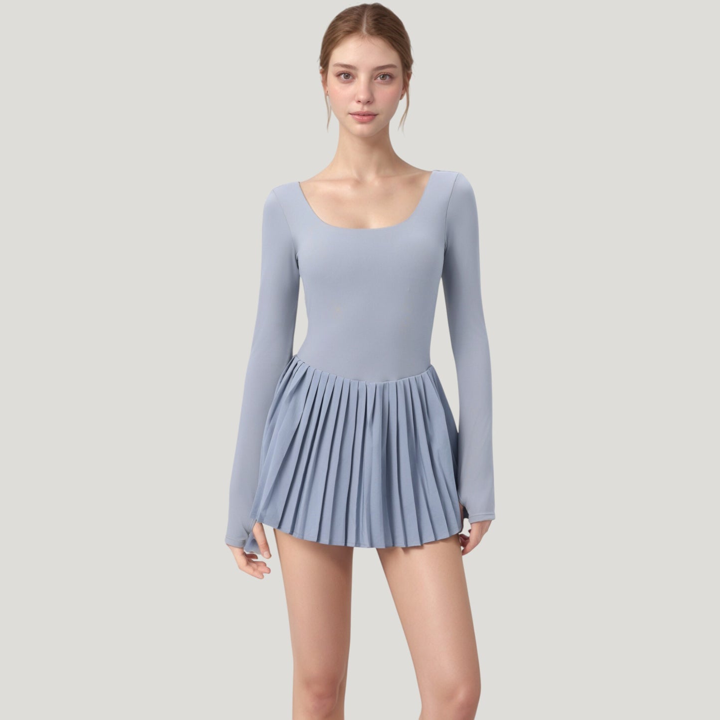 Long Sleeve Pleated Skirt Active Dress with Scoop Neckline
