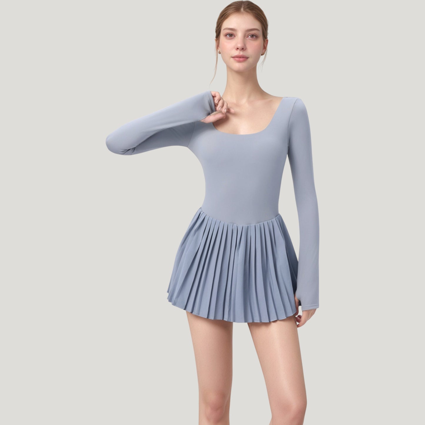 Long Sleeve Pleated Skirt Active Dress with Scoop Neckline