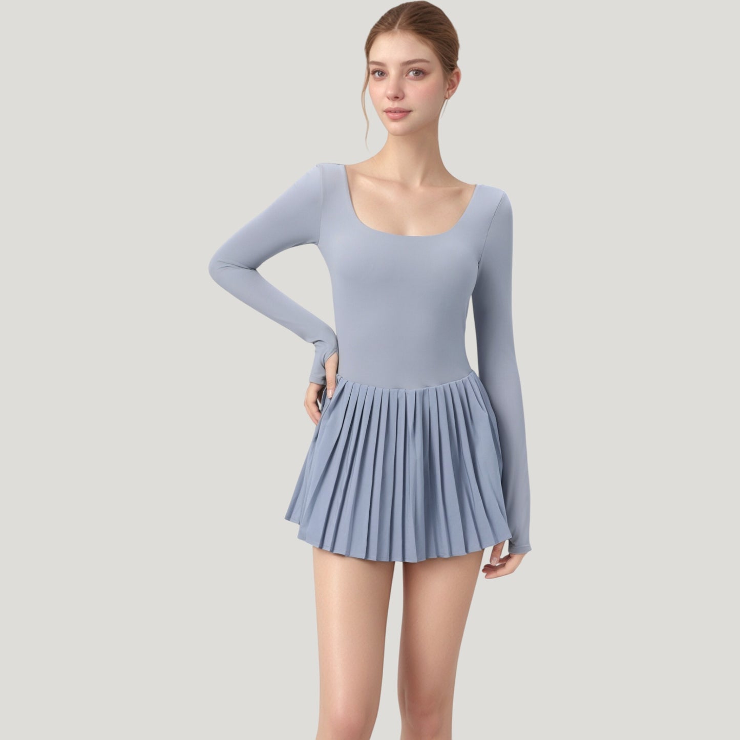 Long Sleeve Pleated Skirt Active Dress with Scoop Neckline