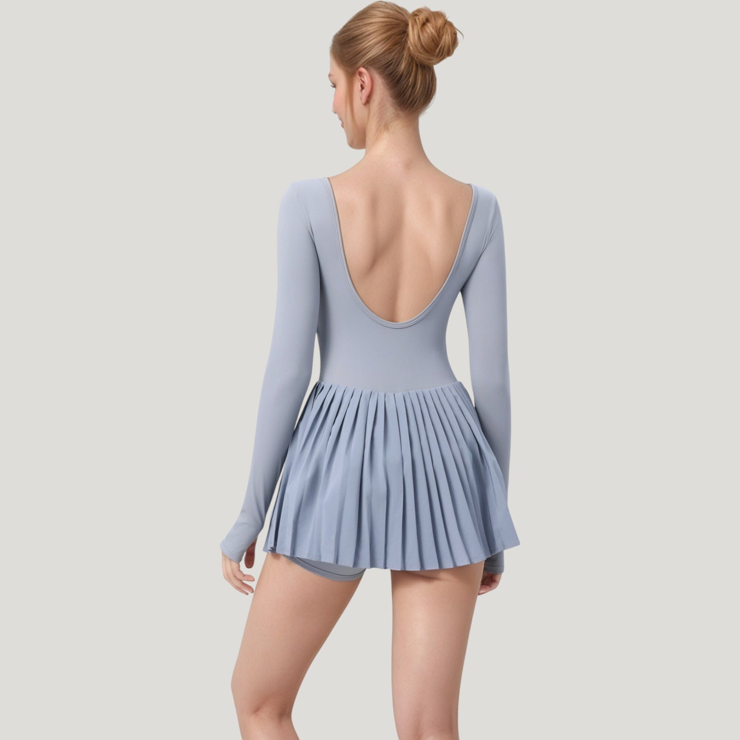 Long Sleeve Pleated Skirt Active Dress with Scoop Neckline