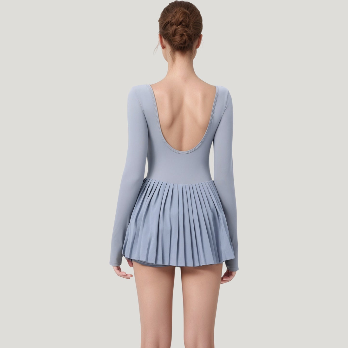 Long Sleeve Pleated Skirt Active Dress with Scoop Neckline