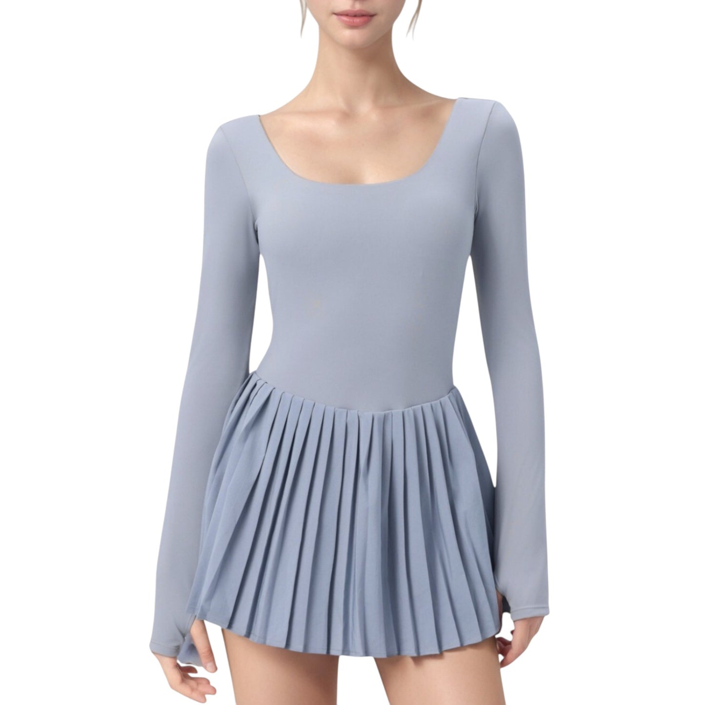 Long Sleeve Pleated Skirt Active Dress with Scoop Neckline