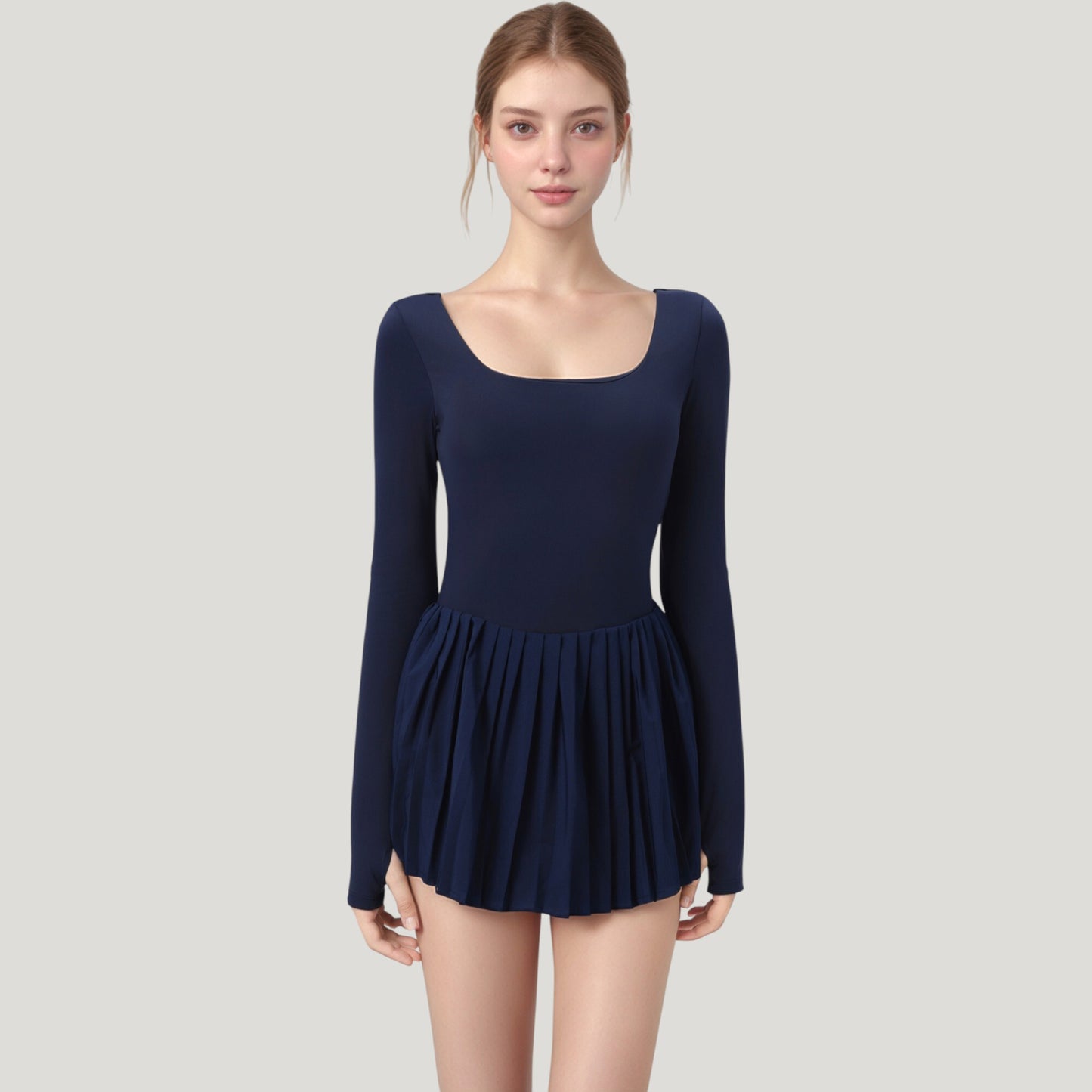 Long Sleeve Pleated Skirt Active Dress with Scoop Neckline