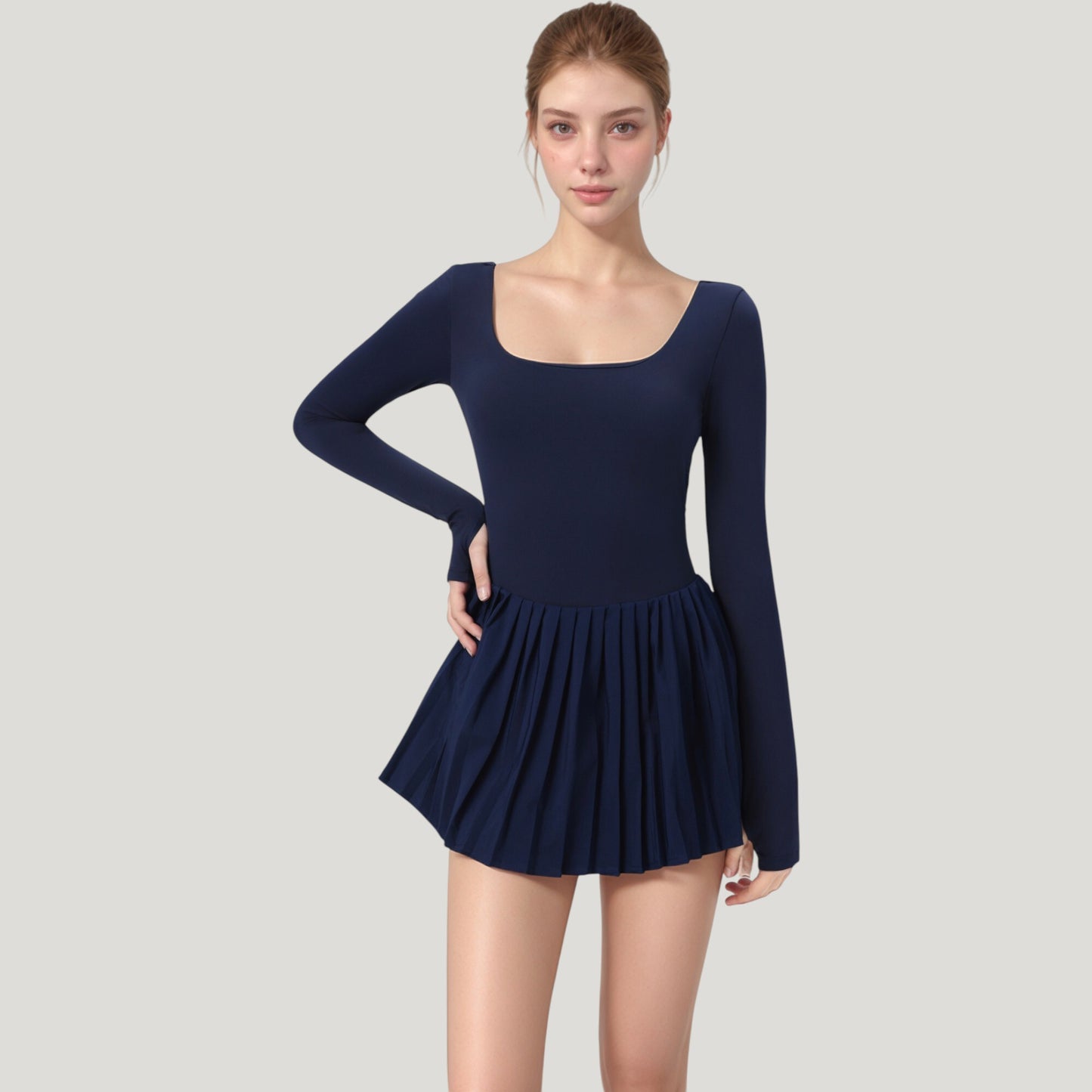 Long Sleeve Pleated Skirt Active Dress with Scoop Neckline