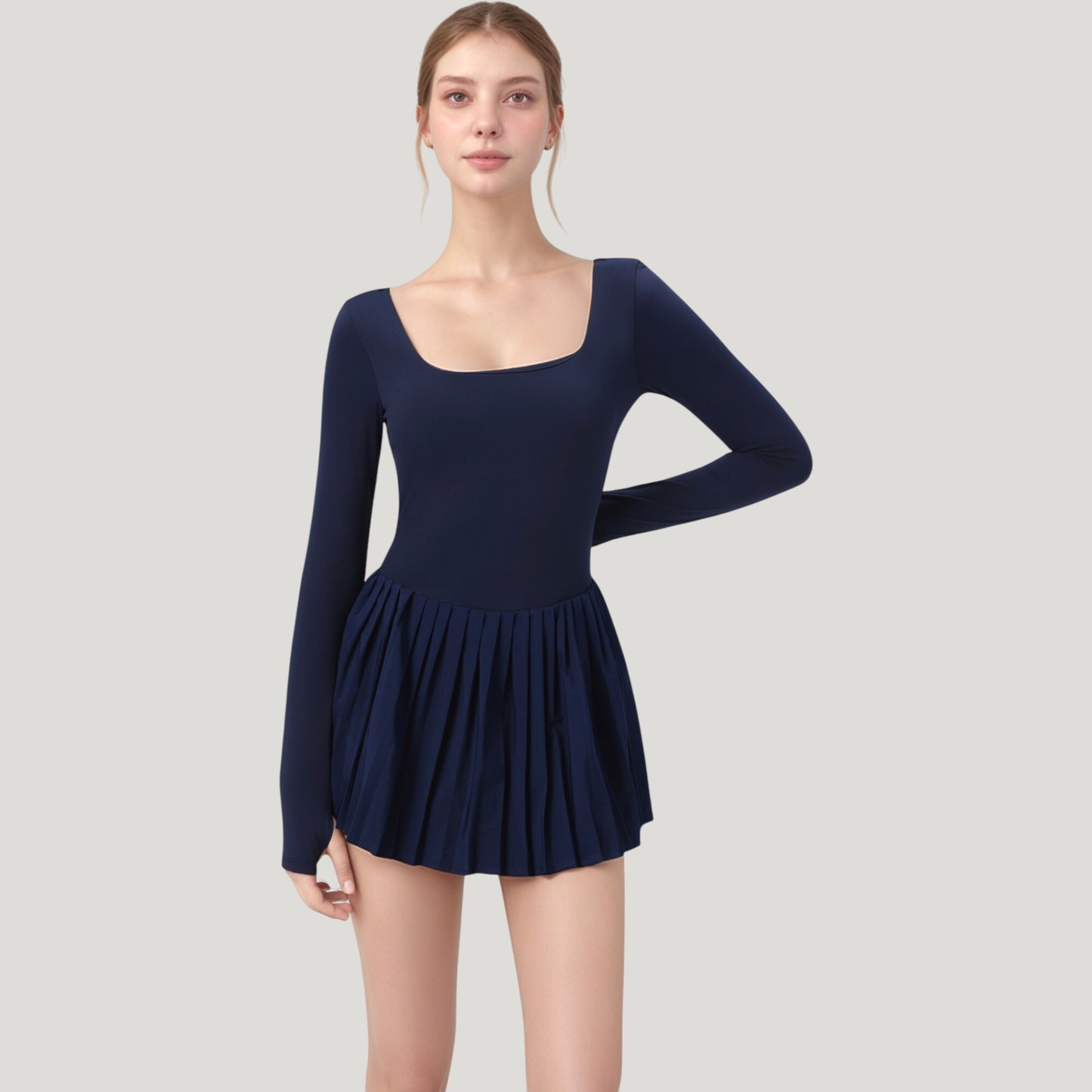 Long Sleeve Pleated Skirt Active Dress with Scoop Neckline