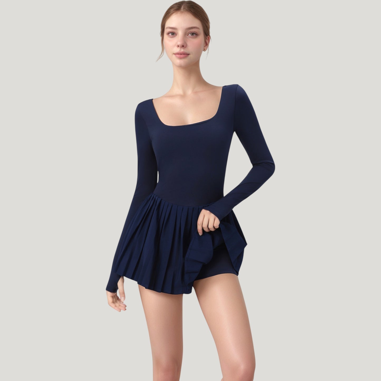 Long Sleeve Pleated Skirt Active Dress with Scoop Neckline