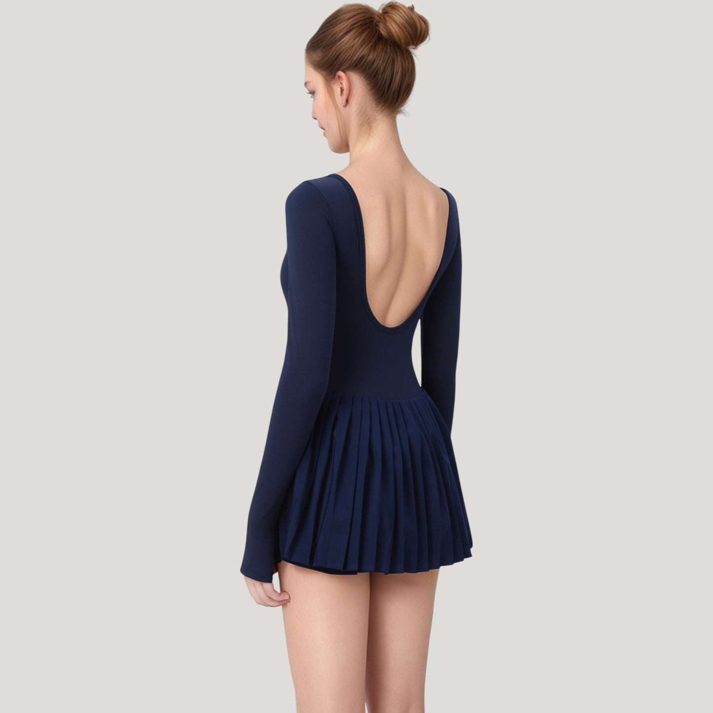Long Sleeve Pleated Skirt Active Dress with Scoop Neckline