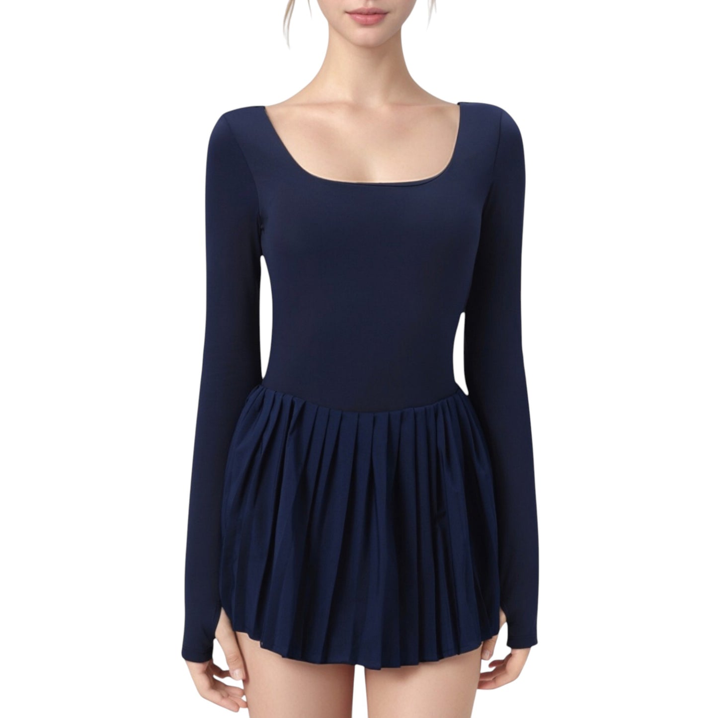 Long Sleeve Pleated Skirt Active Dress with Scoop Neckline